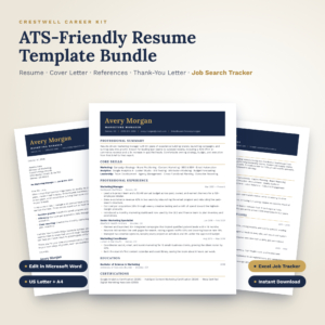 Crestwell ATS resume template bundle with resume, cover letter and executive resume in navy and gold