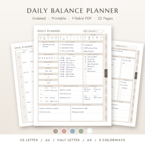 Daily Balance Planner printable daily planner hero with 5 colorways