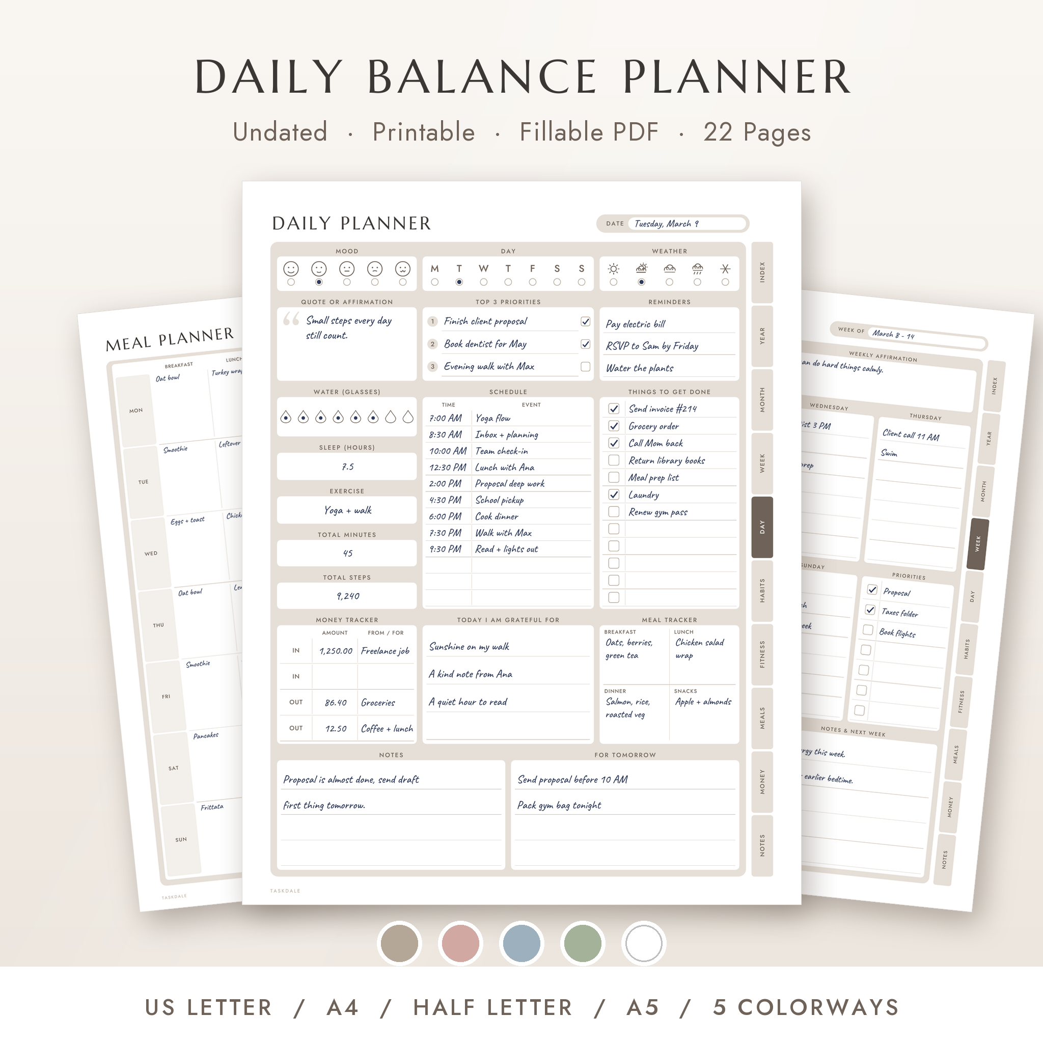 Daily Balance Planner printable daily planner hero with 5 colorways
