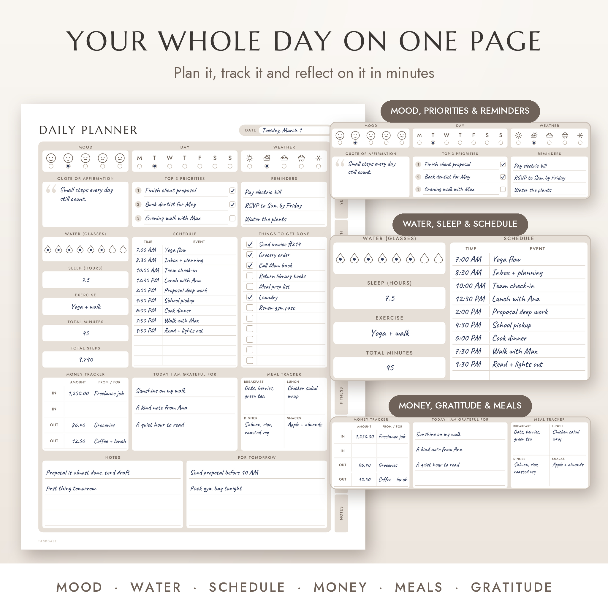 Daily planner page with mood, water, schedule, money and meal sections