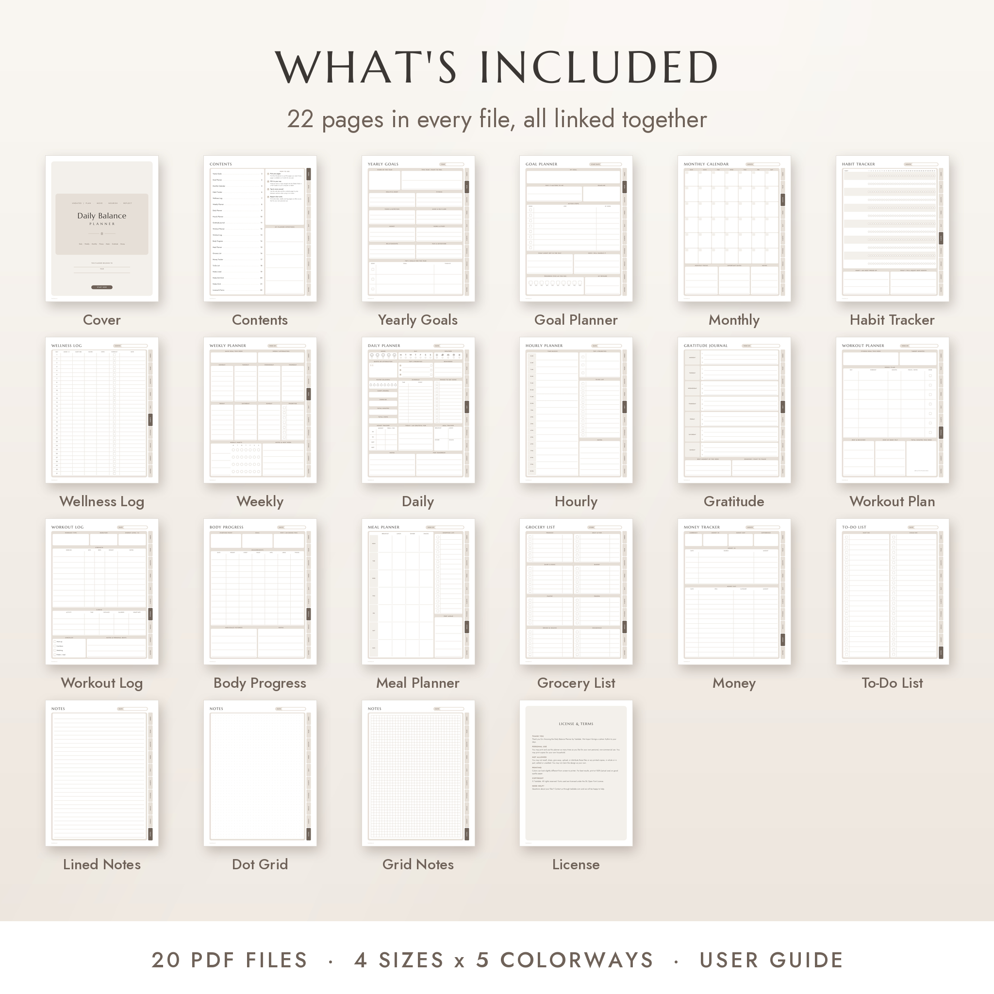 All 22 pages included in the Daily Balance Planner