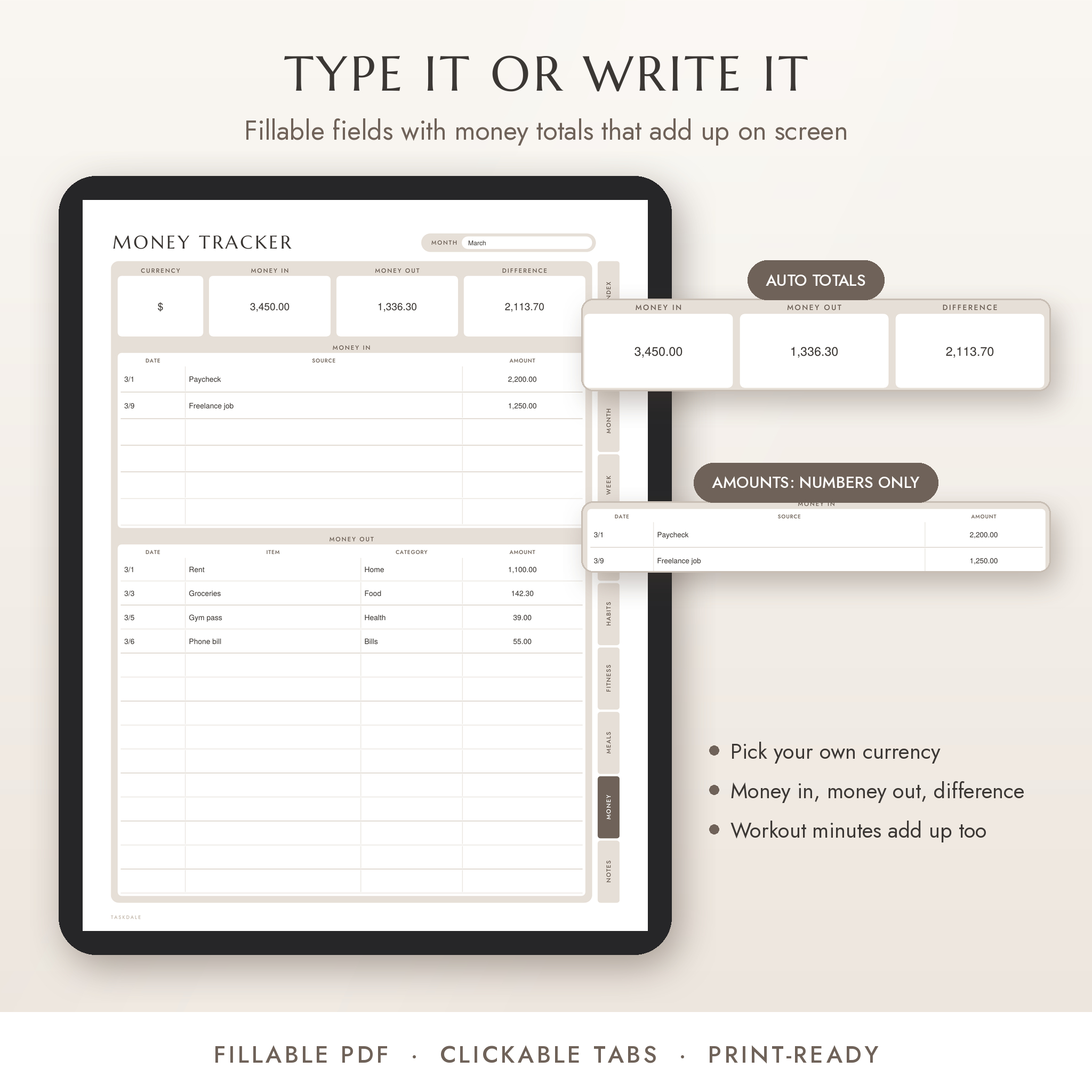 Fillable money tracker with automatic totals on a tablet