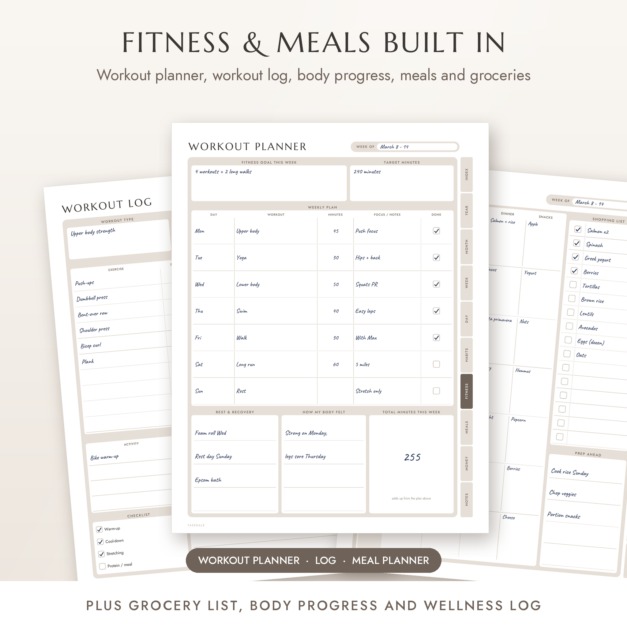 Workout planner, workout log and meal planner pages