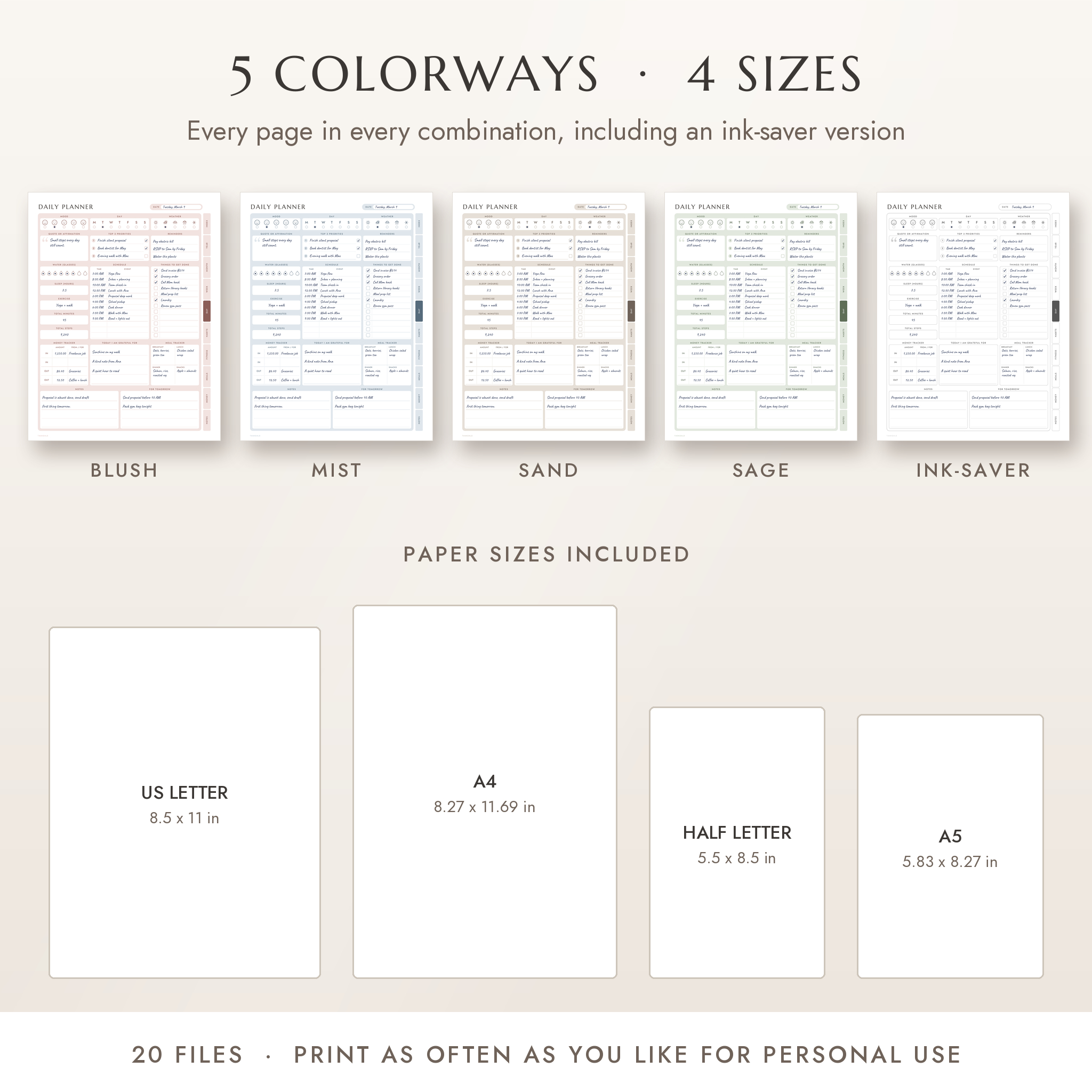 Five colorways and four paper sizes of the planner