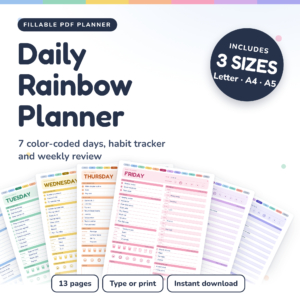 Daily Rainbow Planner | Fillable Daily Planner PDF, Printable 7-Day Schedule, To-Do List and Habit Tracker (Letter, A4, A5)