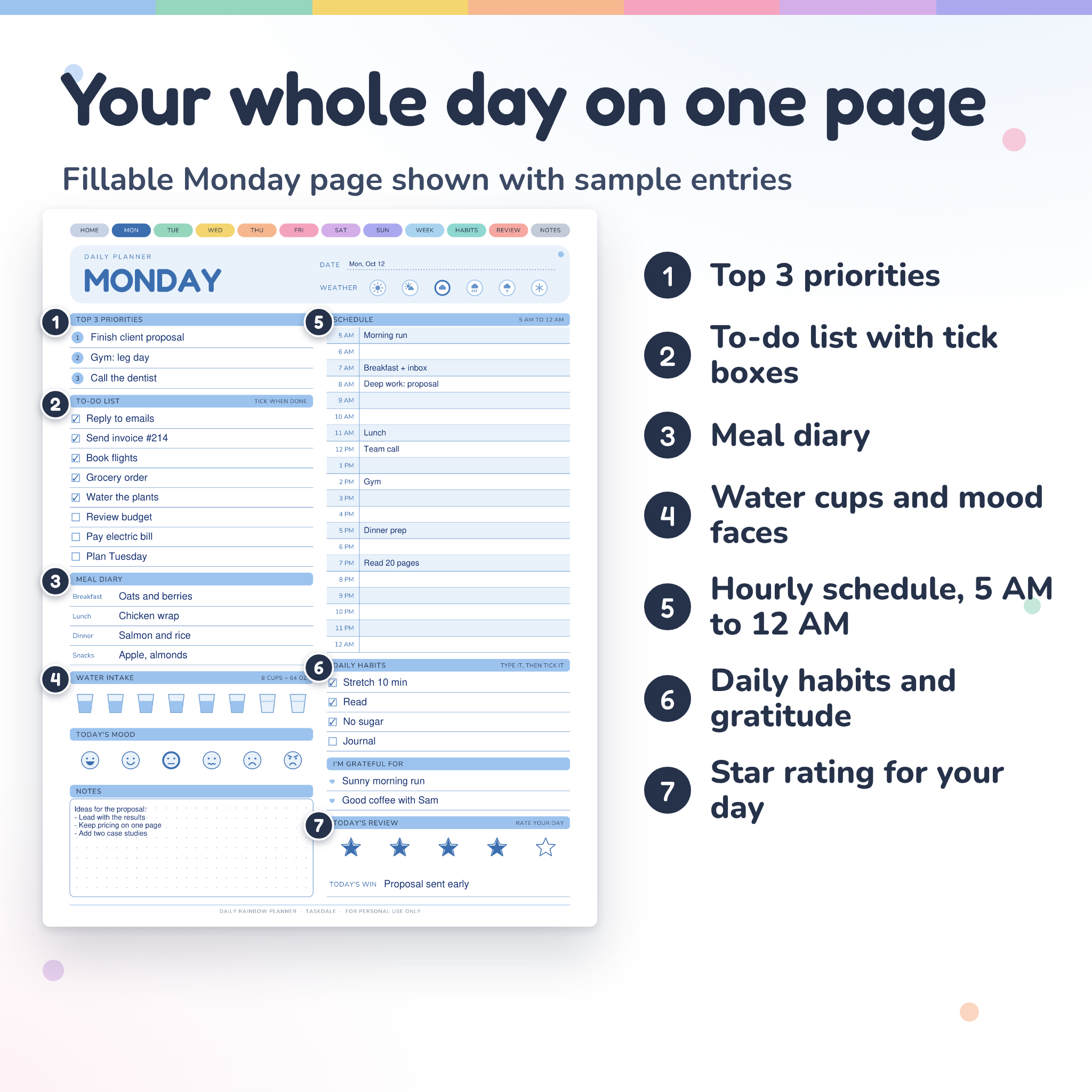 Daily Rainbow Planner | Fillable Daily Planner PDF, Printable 7-Day Schedule, To-Do List and Habit Tracker (Letter, A4, A5) - Image 2
