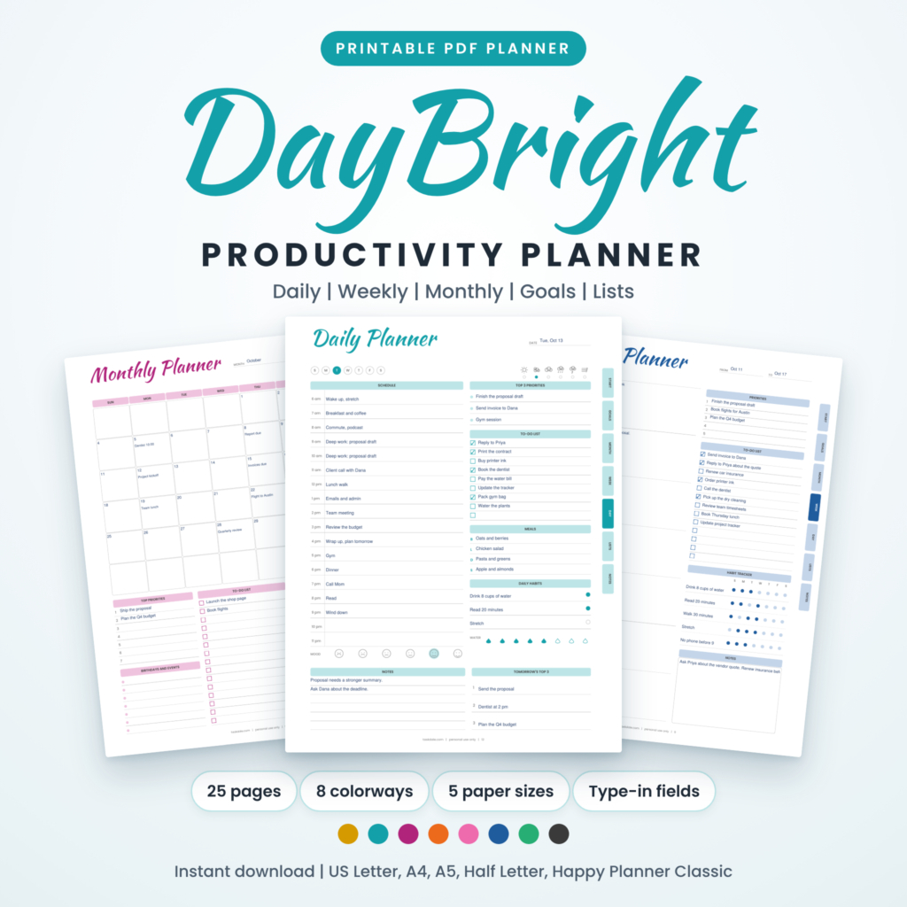 DayBright printable productivity planner in 8 colors, shown with daily, weekly and monthly pages