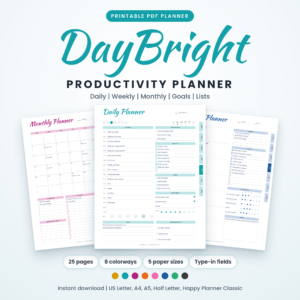 DayBright printable productivity planner in 8 colors, shown with daily, weekly and monthly pages