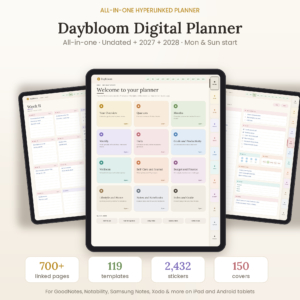 Daybloom all-in-one digital planner on iPad with dashboard, weekly and daily pages