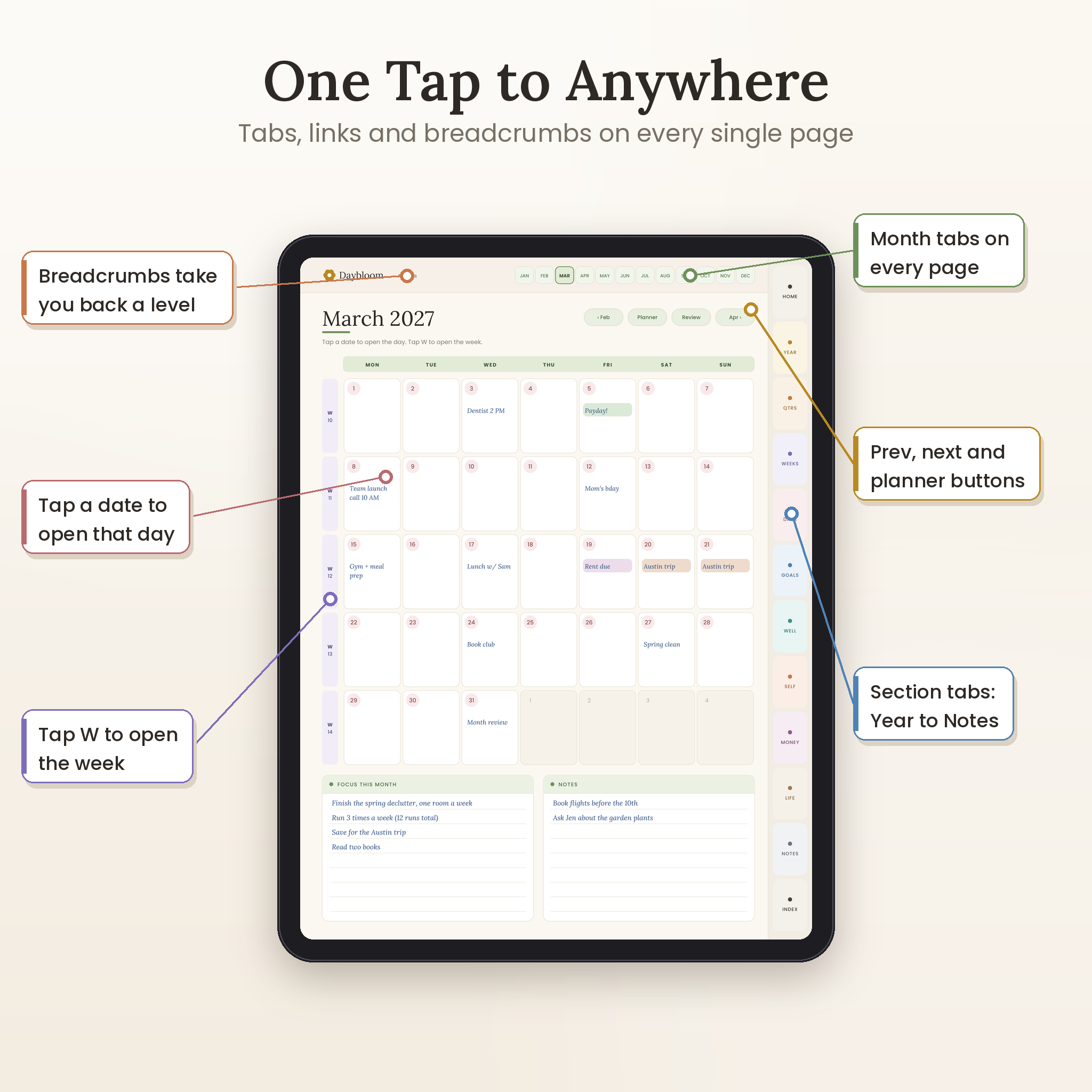 Hyperlinked monthly calendar with month tabs, section tabs and breadcrumbs
