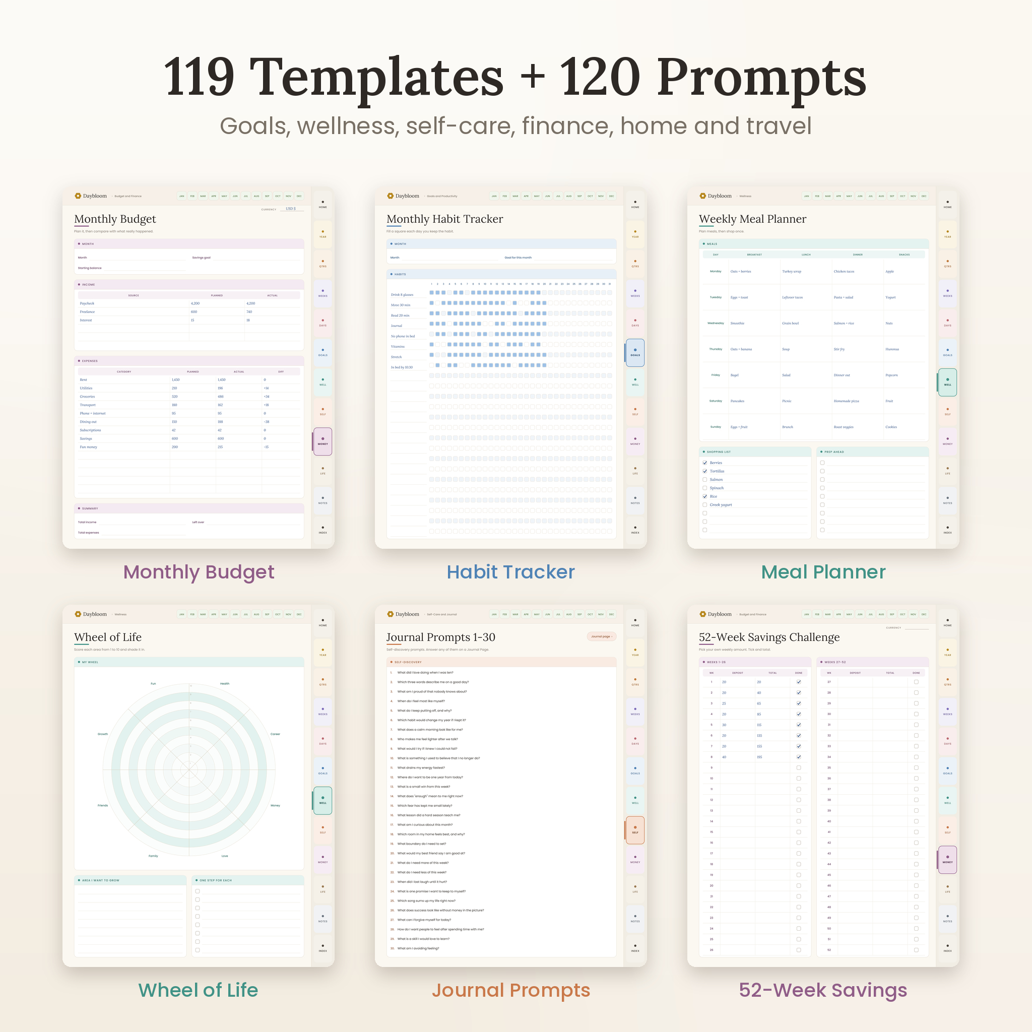 Template library: budget, habit tracker, meal planner, wheel of life, journal prompts, savings challenge