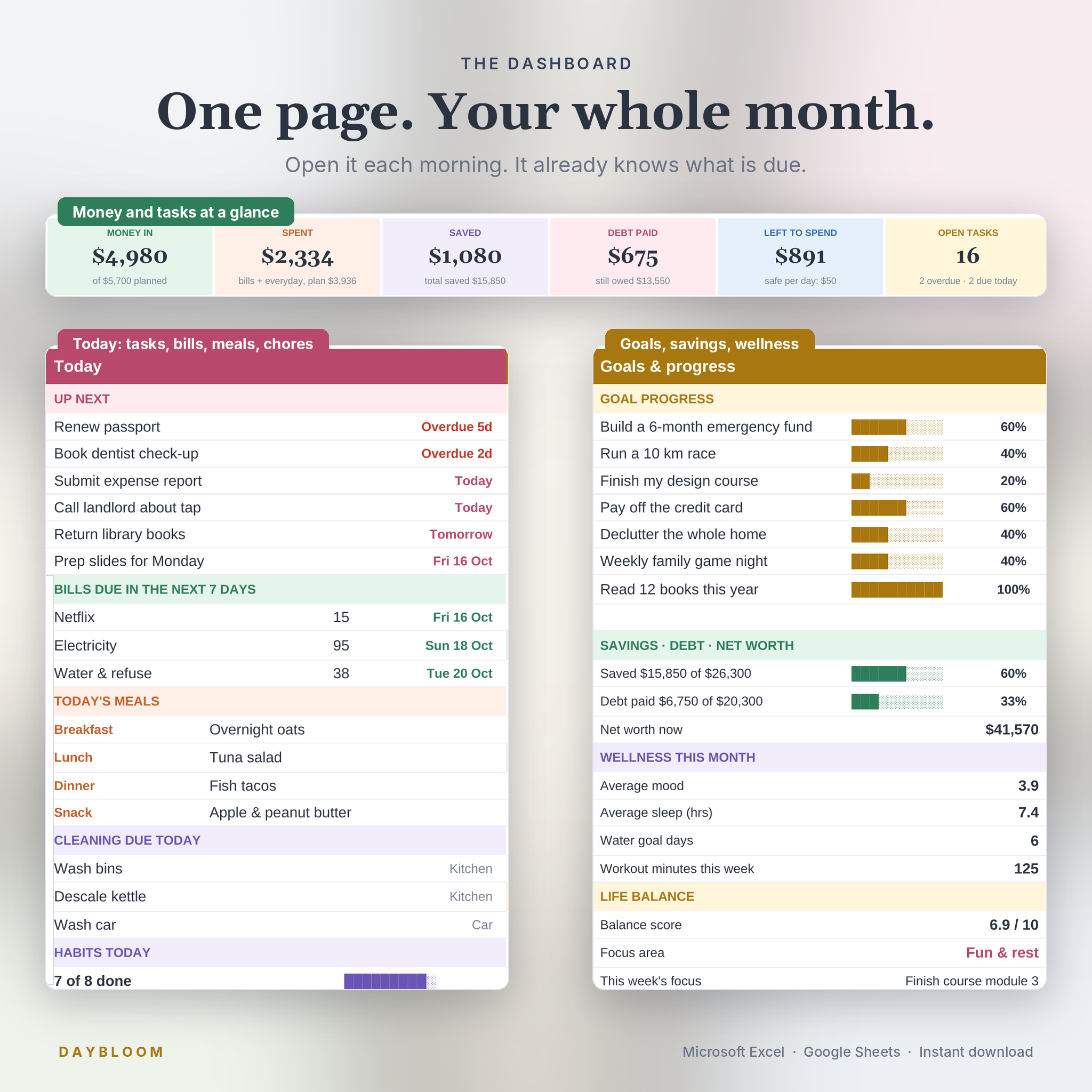 Life planner dashboard showing money, tasks, bills, meals, goals and wellness