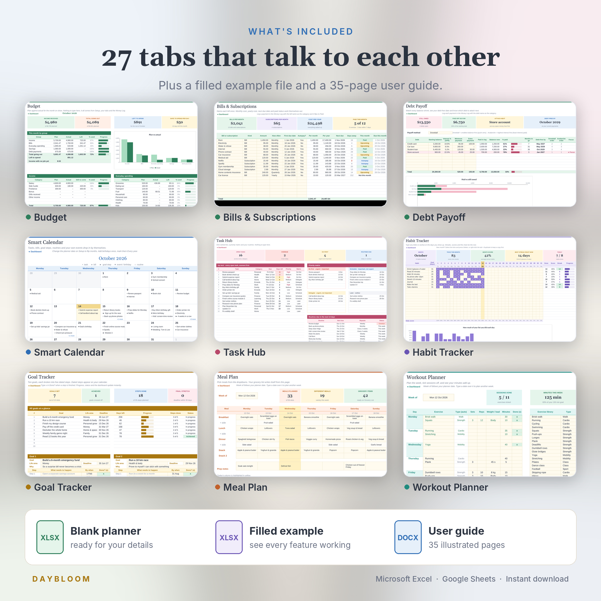 27 linked tabs included: budget, bills, debt, calendar, task hub, habits, goals, meal plan, workouts