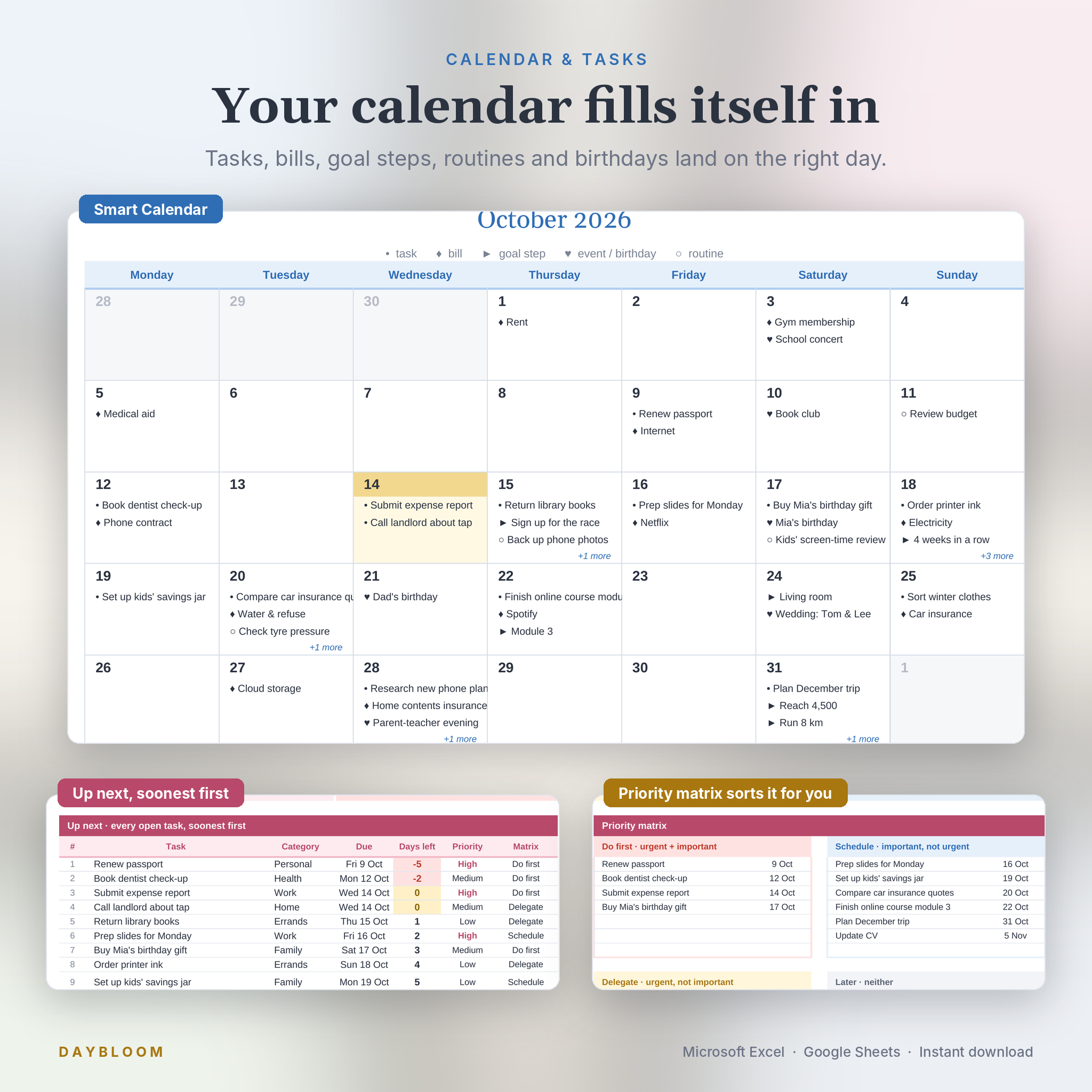Smart calendar that fills itself with tasks, bills and goal steps, plus task priority matrix
