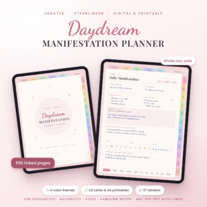 Daydream digital manifestation planner on iPad showing the cover and a filled daily manifestation page