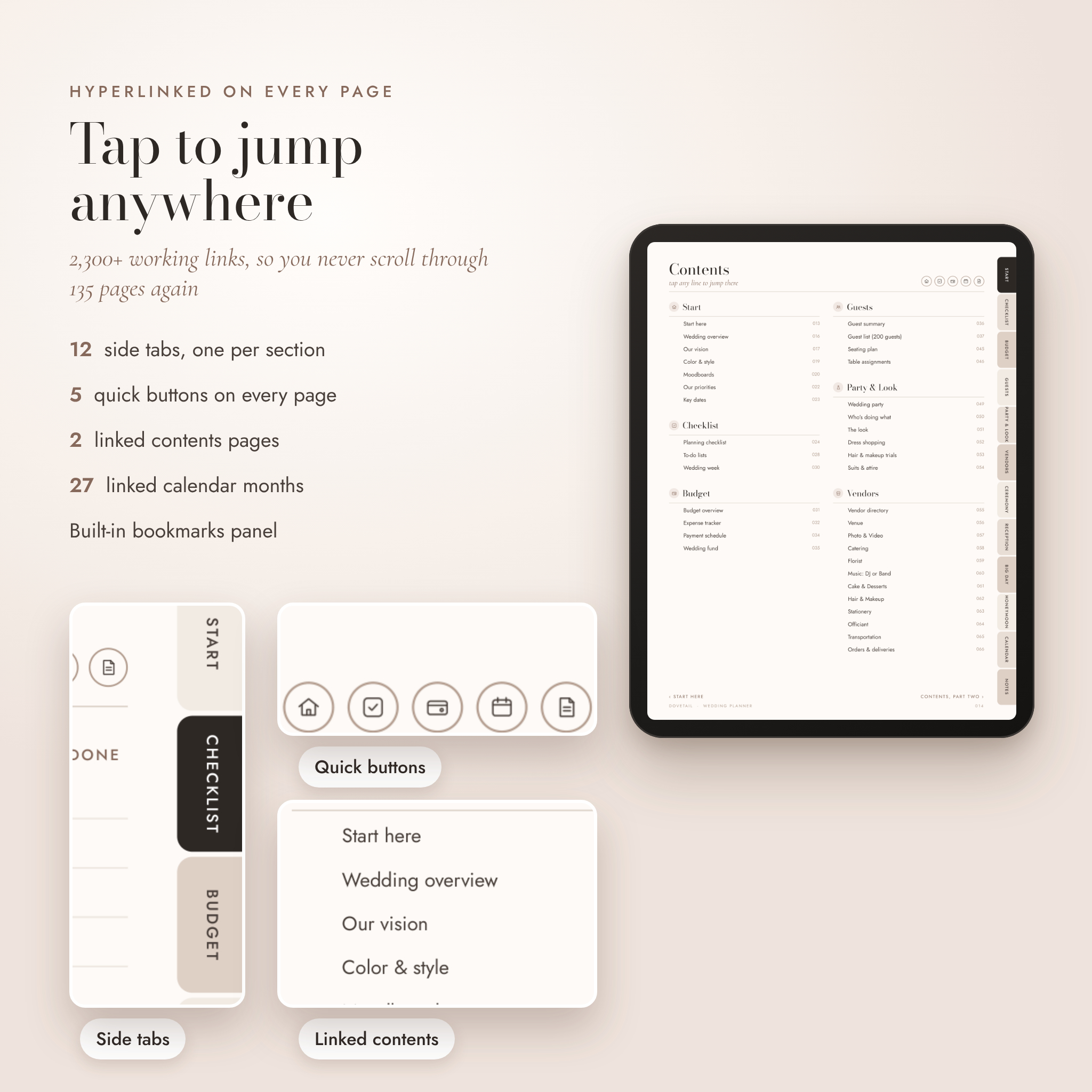 Hyperlinked wedding planner contents page with side tabs and quick buttons