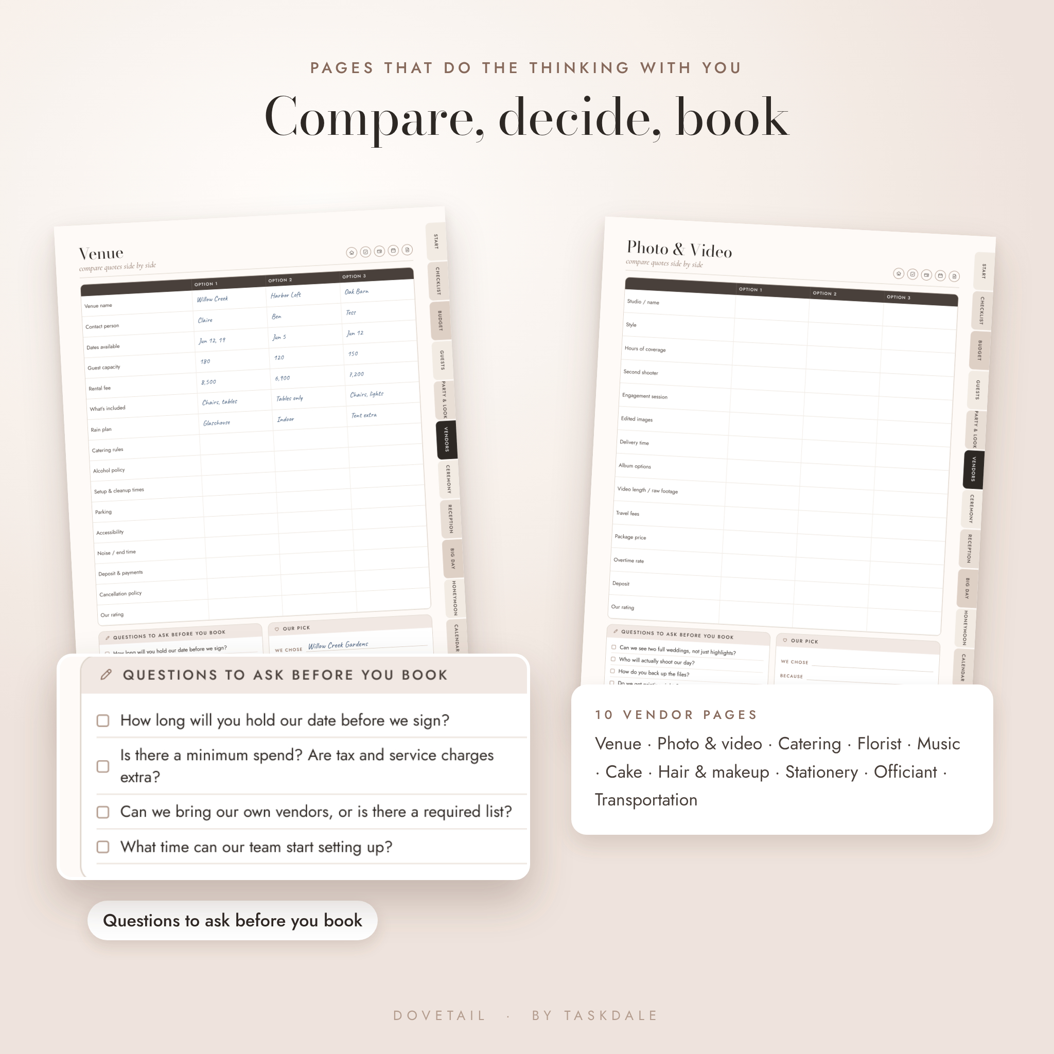 Wedding vendor comparison pages with questions to ask