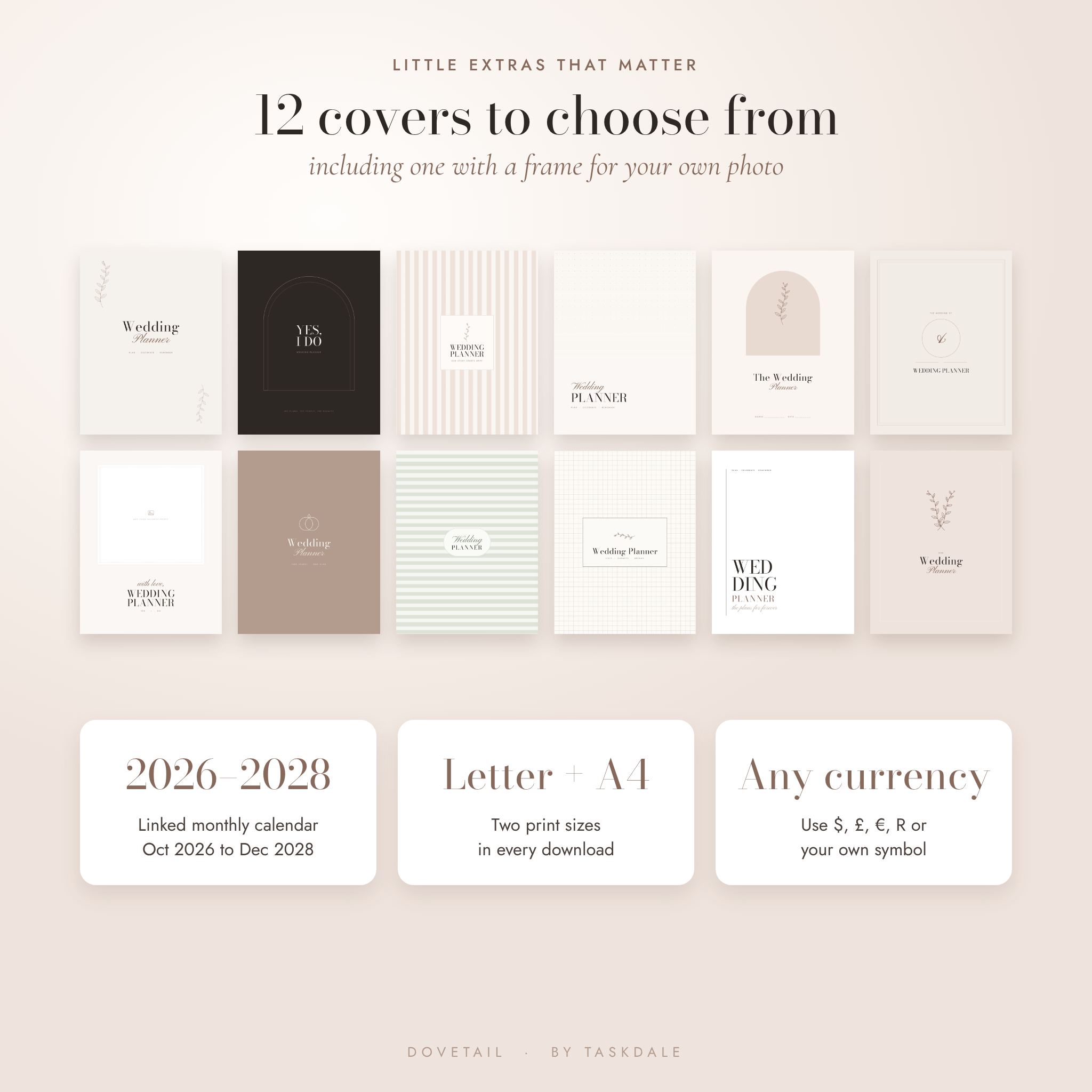 Twelve wedding planner covers, 2026 to 2028 calendar, Letter and A4