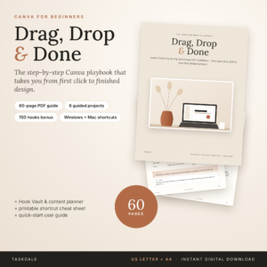 Drag, Drop & Done Canva for beginners guide cover with 60-page PDF playbook