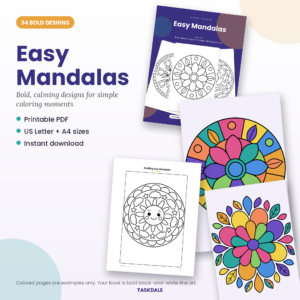 Easy Mandalas printable coloring book with 34 bold and easy designs