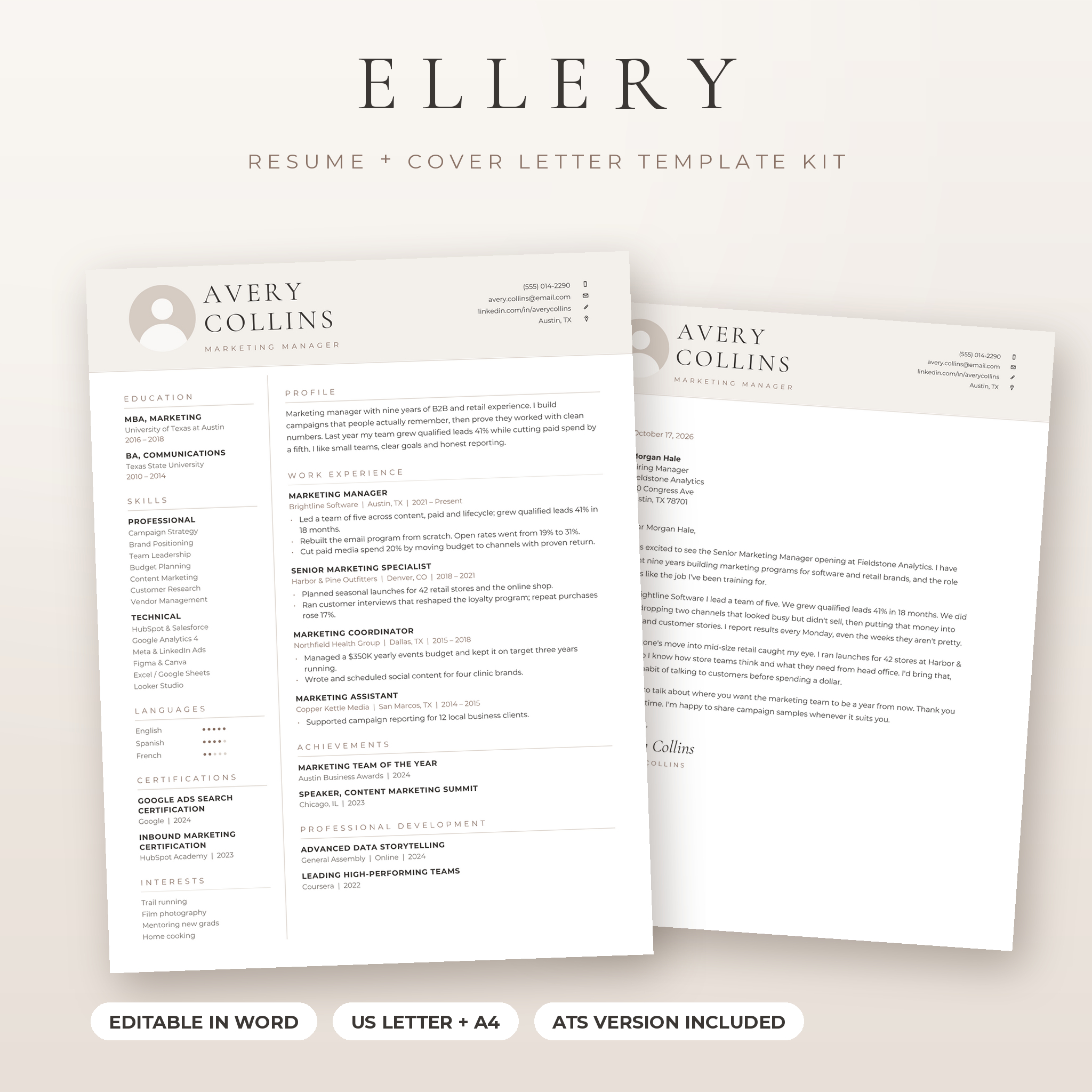 Ellery resume template for Word with matching cover letter
