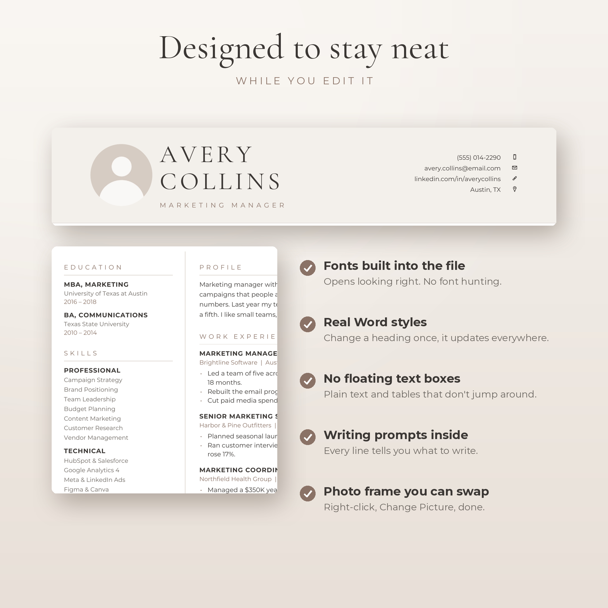Resume template features: embedded fonts, Word styles, photo frame