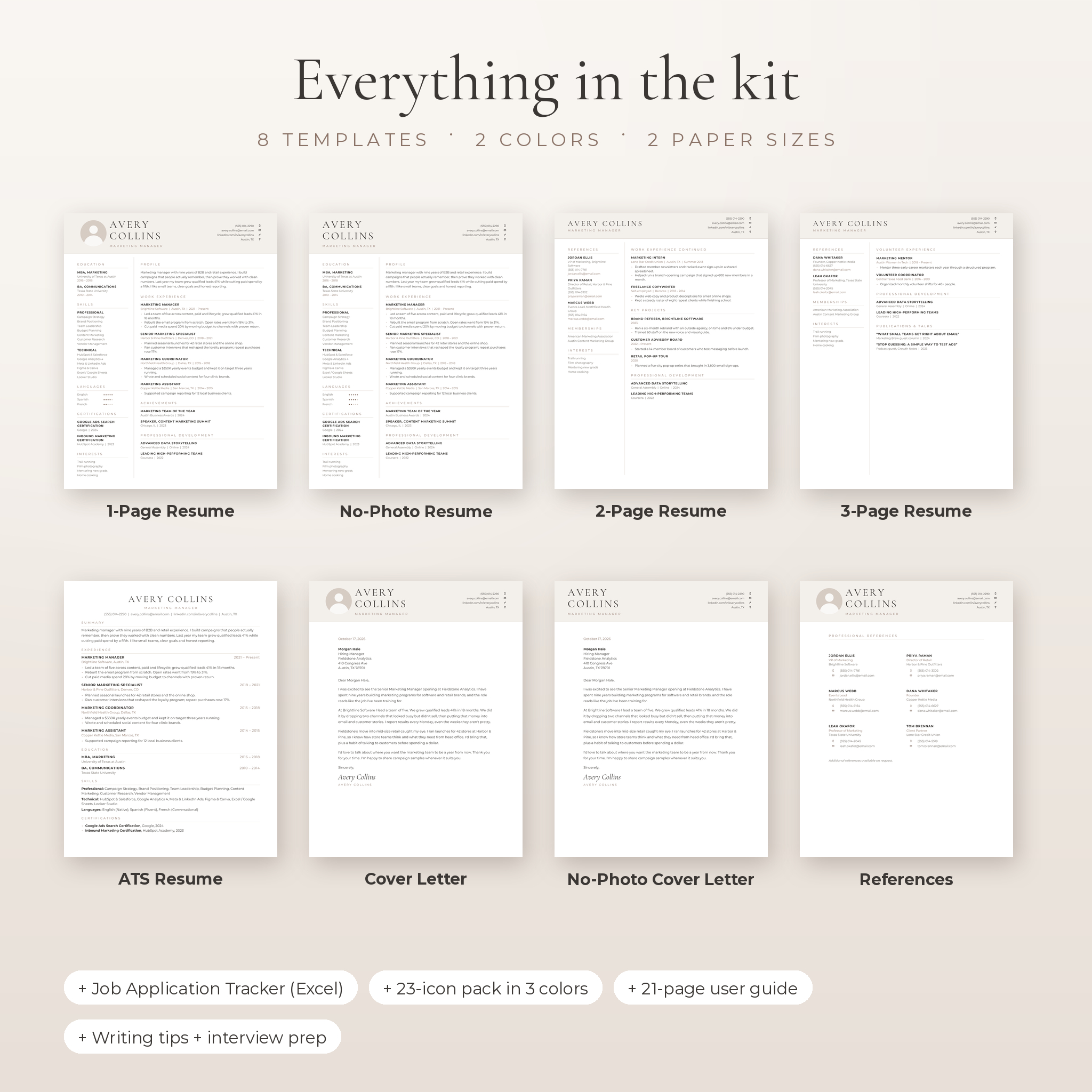 Everything in the Ellery resume kit: 8 templates, 2 colors, 2 sizes