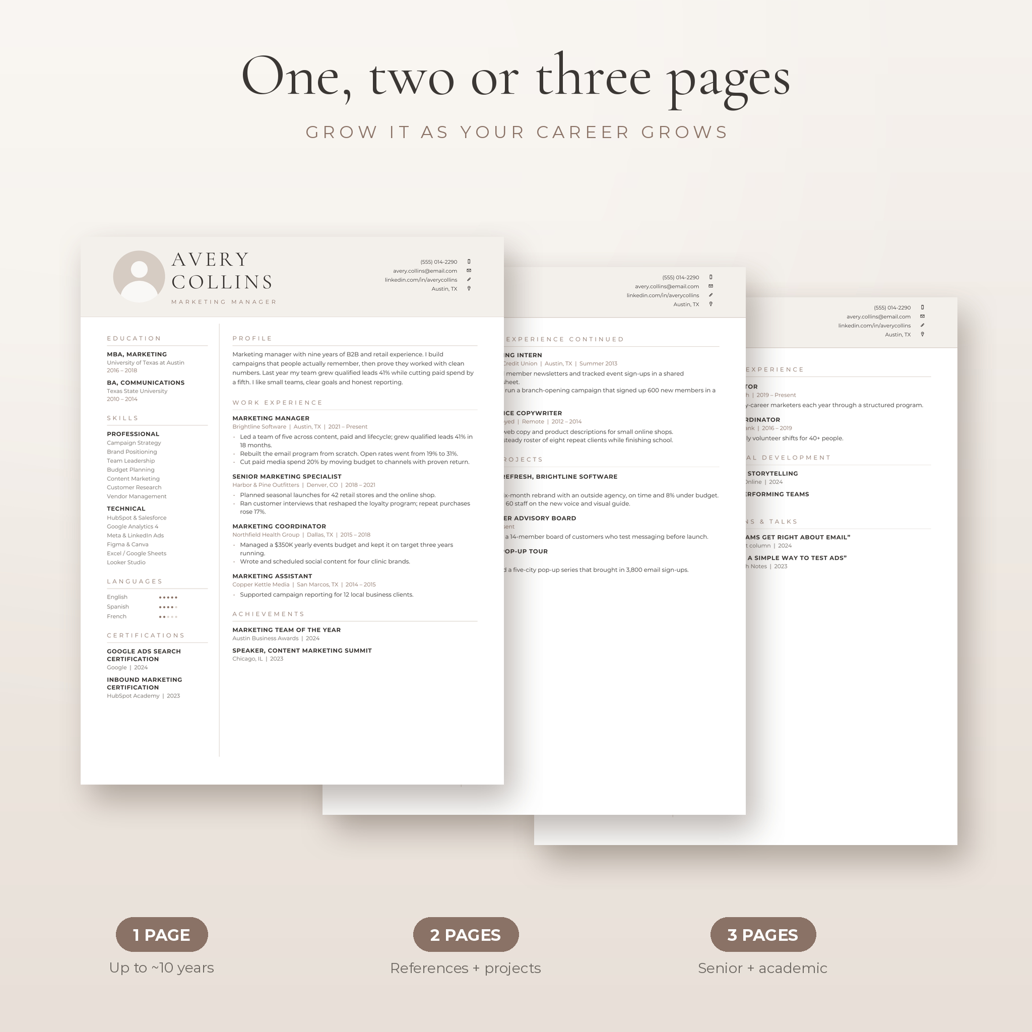 1, 2 and 3 page resume template versions