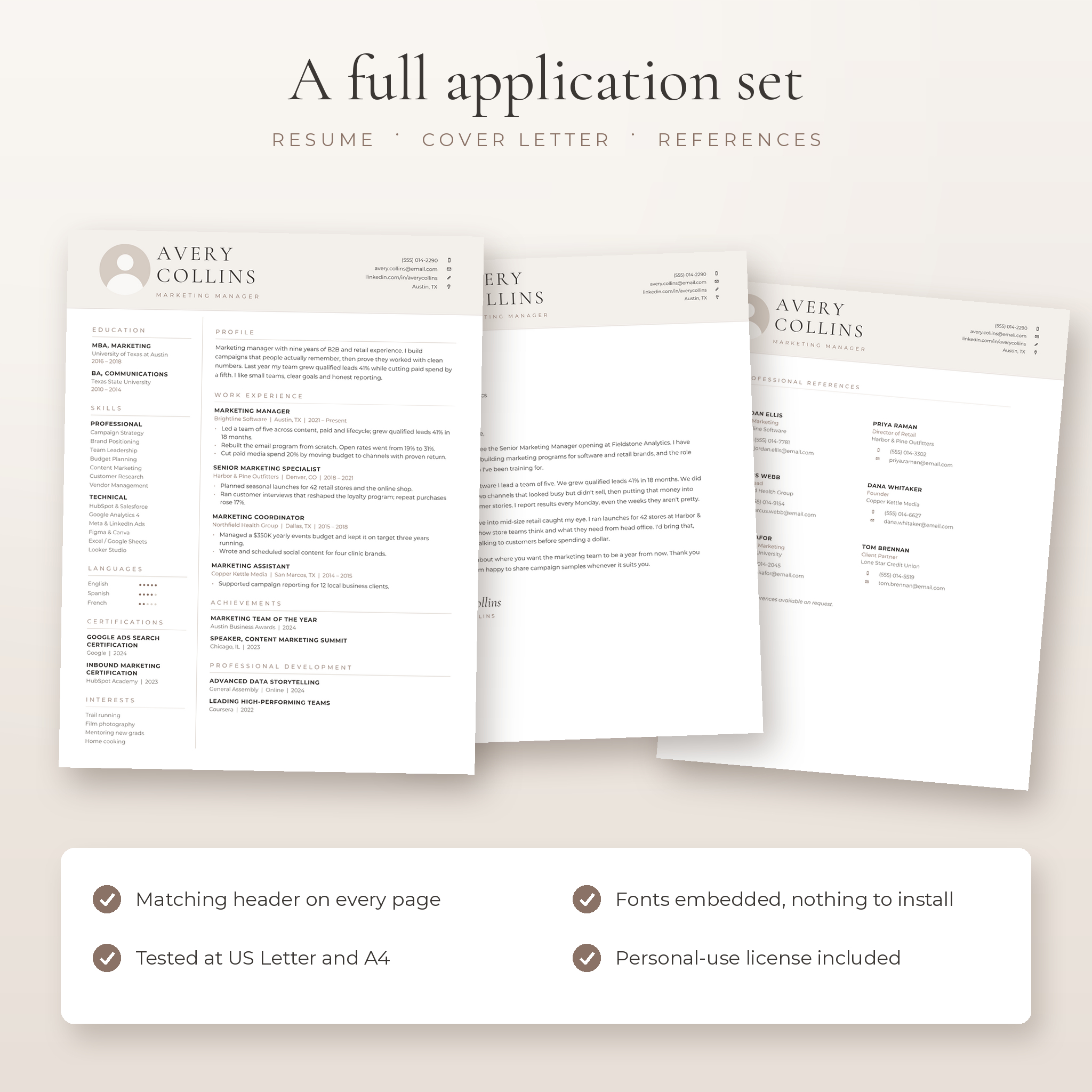 Matching resume, cover letter and references page set
