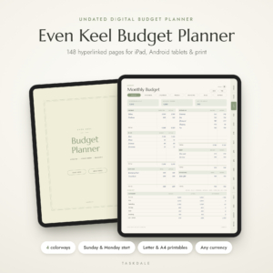 Even Keel digital budget planner on iPad: undated, 148 hyperlinked pages