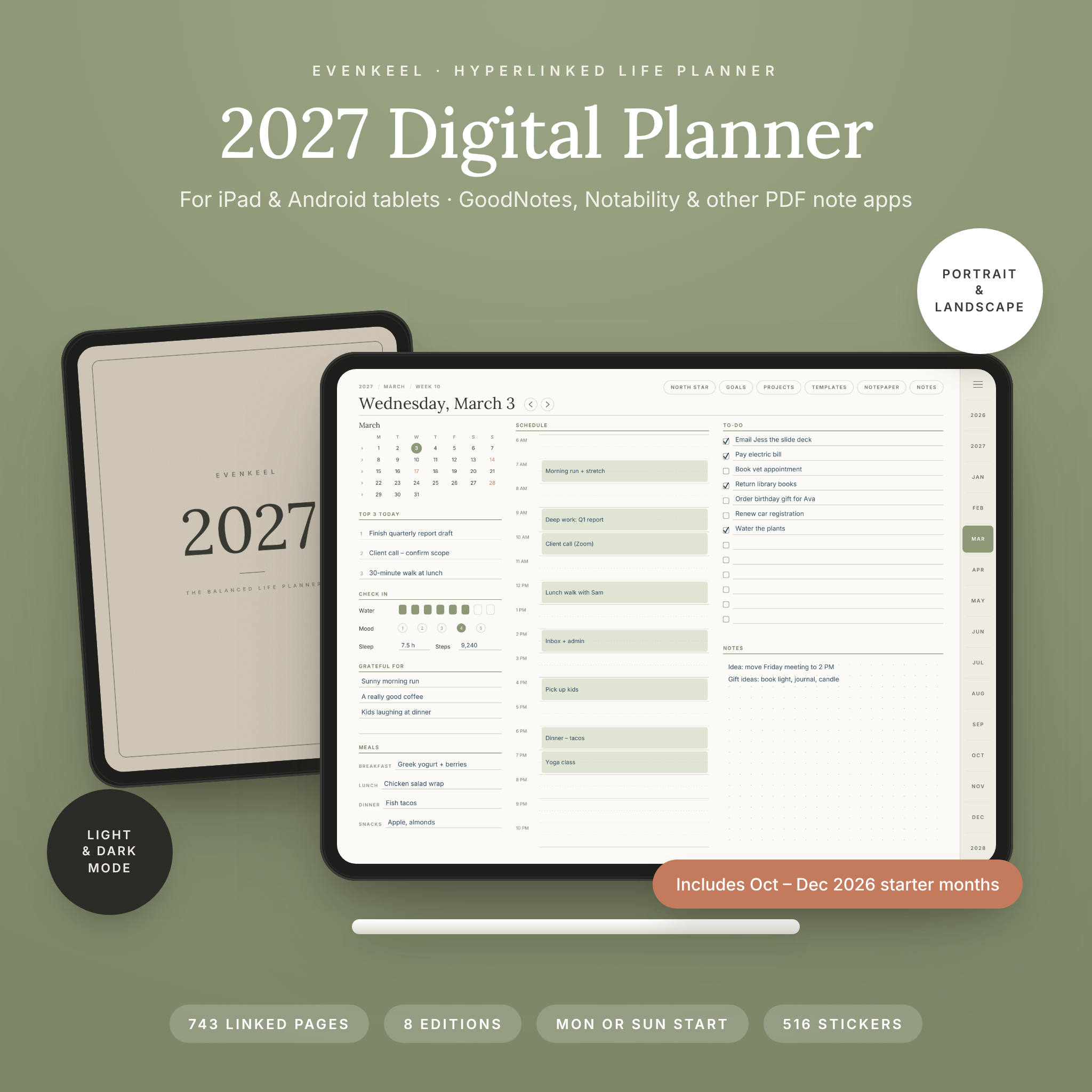 Evenkeel 2027 digital planner on iPad in landscape and portrait