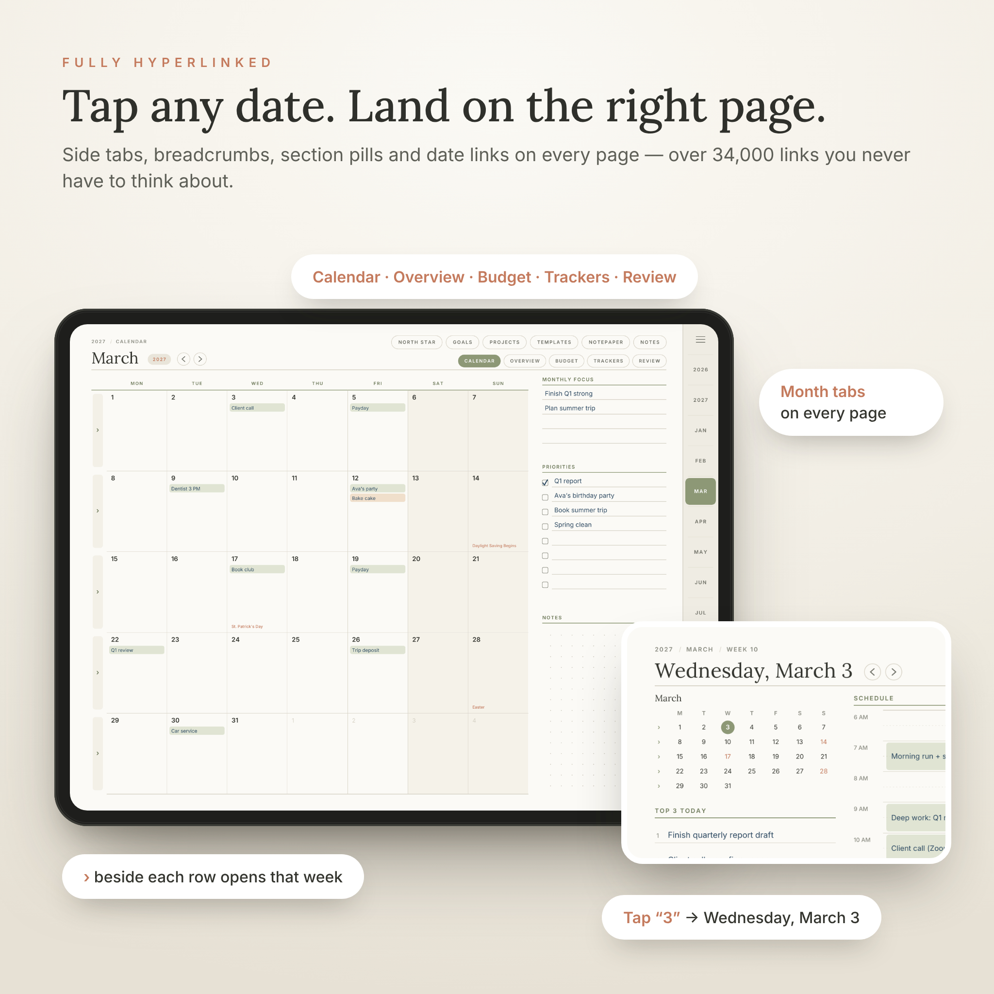 Hyperlinked monthly calendar with month tabs and linked dates