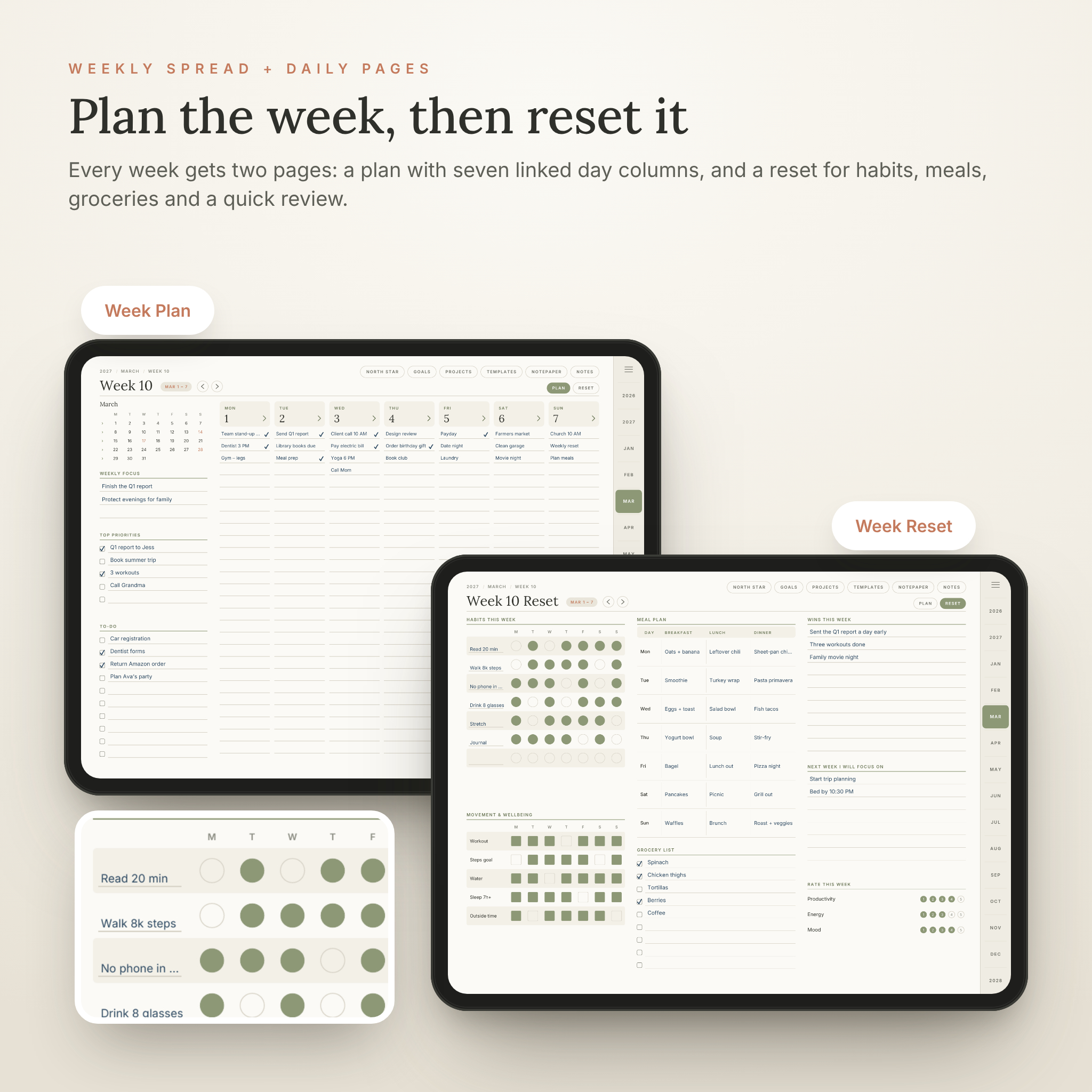 Weekly plan and weekly reset pages in the digital planner