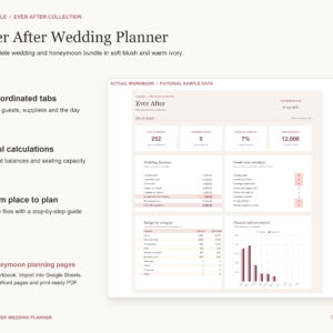 Ever After Wedding Planner bundle with Excel workbook, Google Sheets import, editable Word honeymoon pages and printable PDF