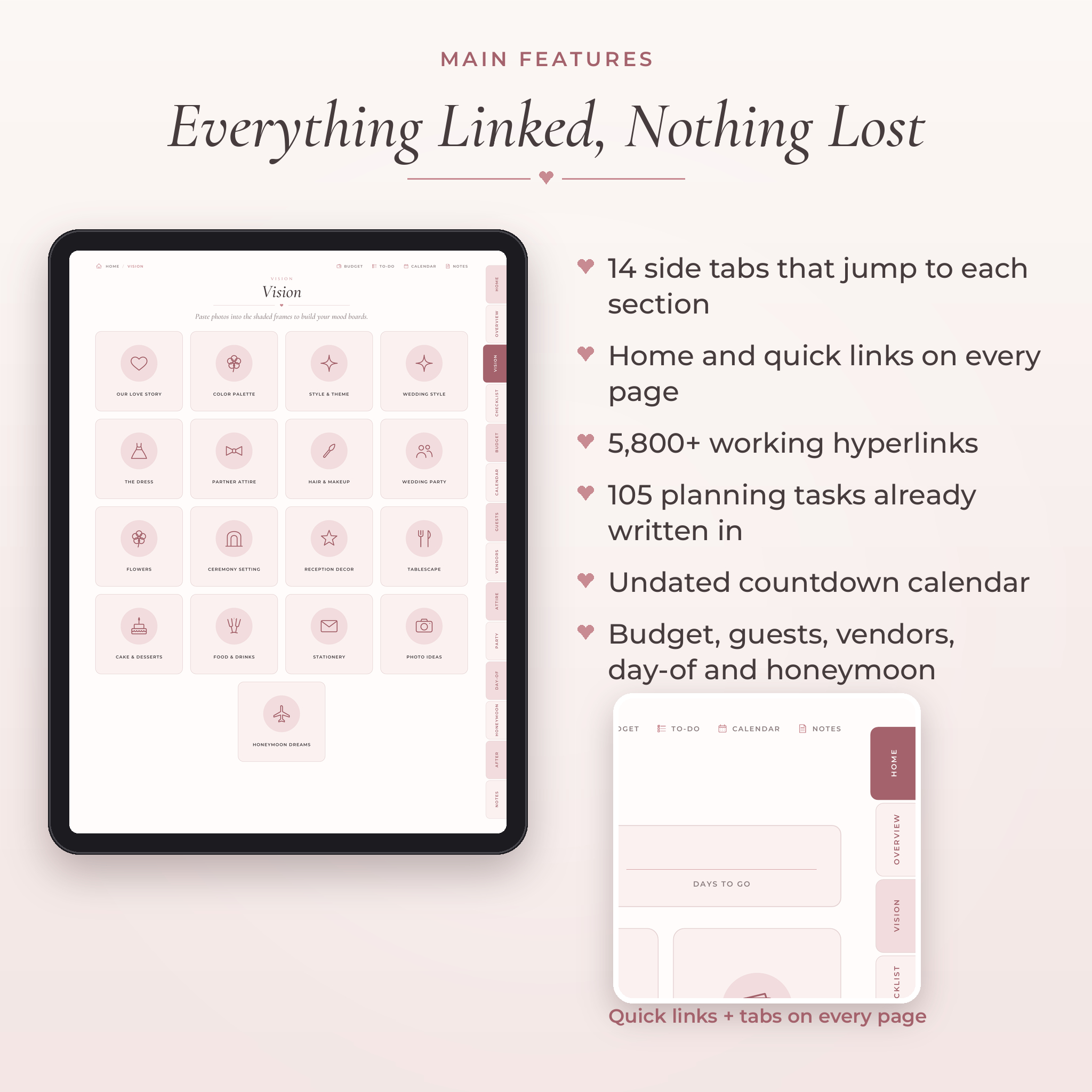 Digital wedding planner main features with clickable tabs