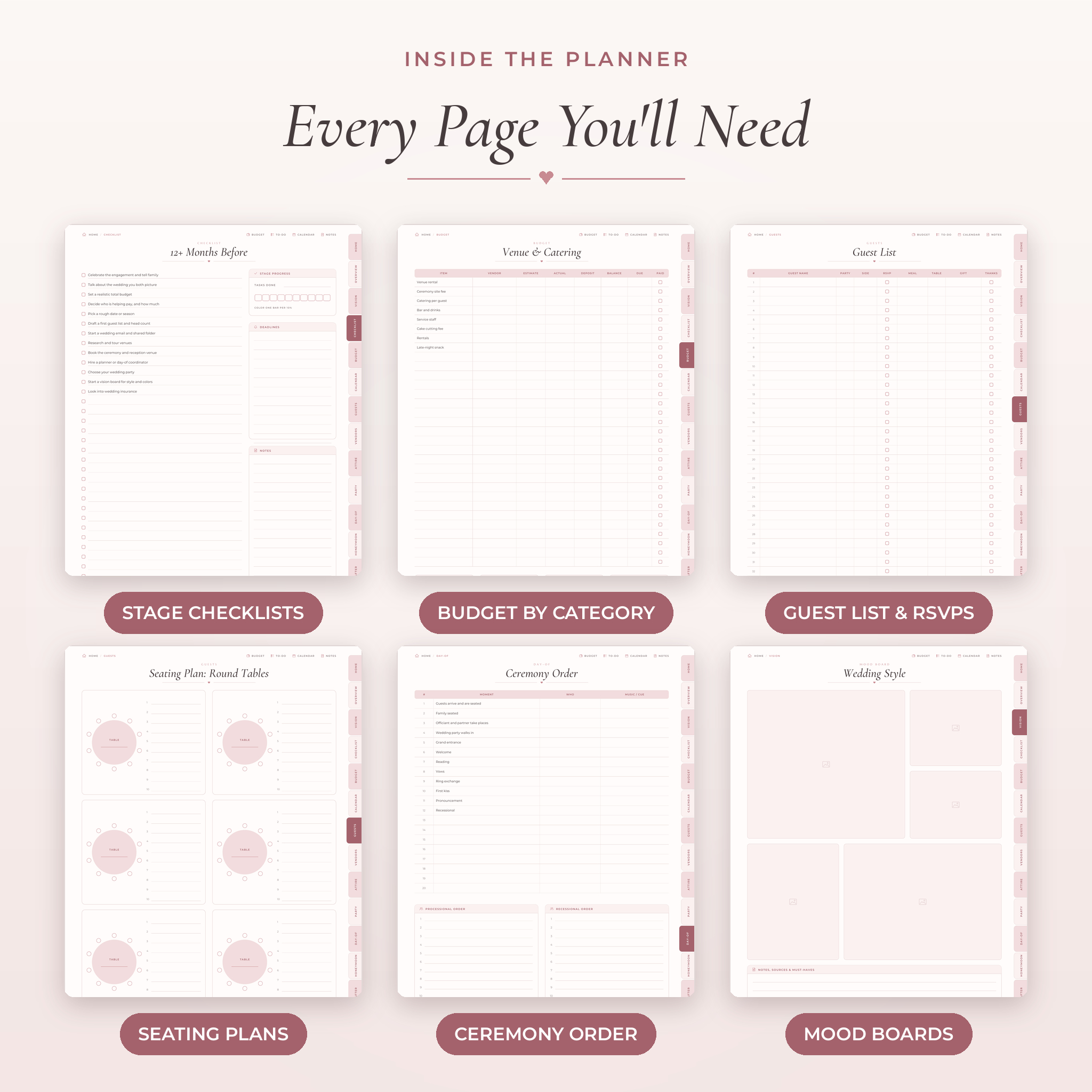 Inside pages of the digital wedding planner: checklist, budget, guest list, seating, ceremony, mood boards
