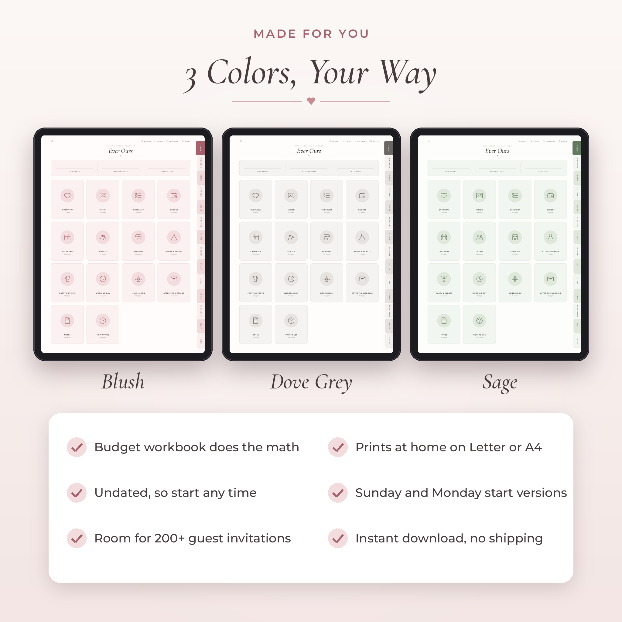 Wedding planner in Blush, Dove Grey and Sage colors