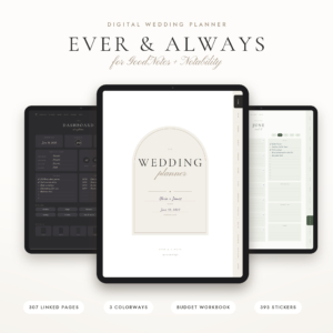 Ever & Always digital wedding planner for GoodNotes and Notability shown on three tablets