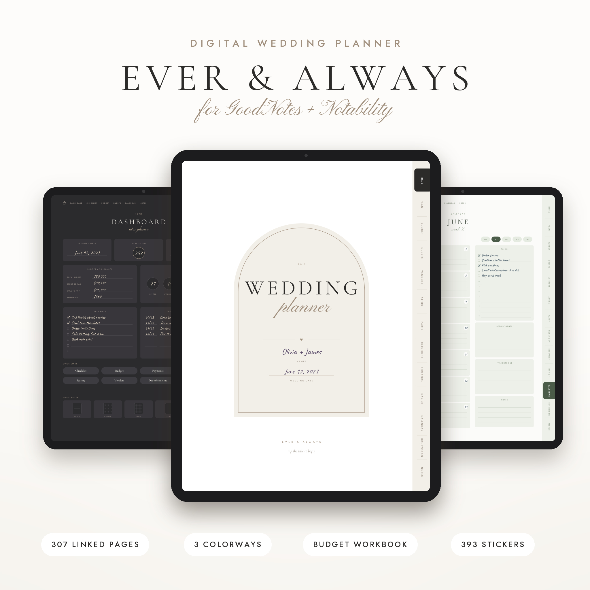 Ever & Always digital wedding planner for GoodNotes and Notability shown on three tablets