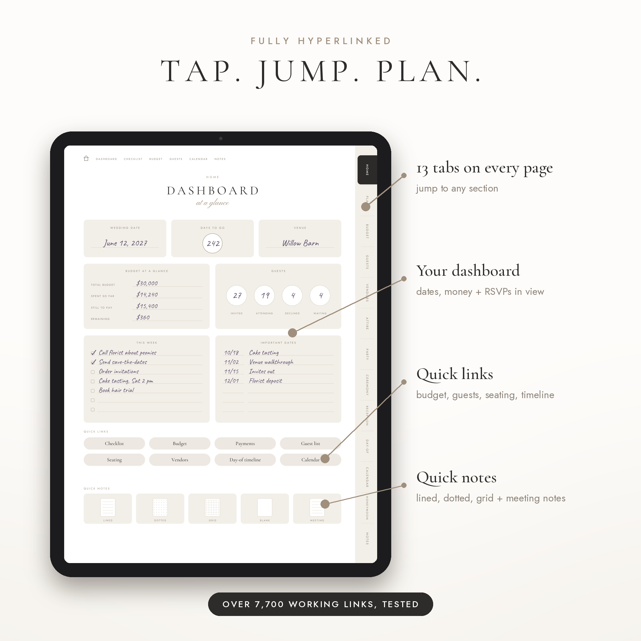 Hyperlinked wedding planner dashboard with side tabs and quick links