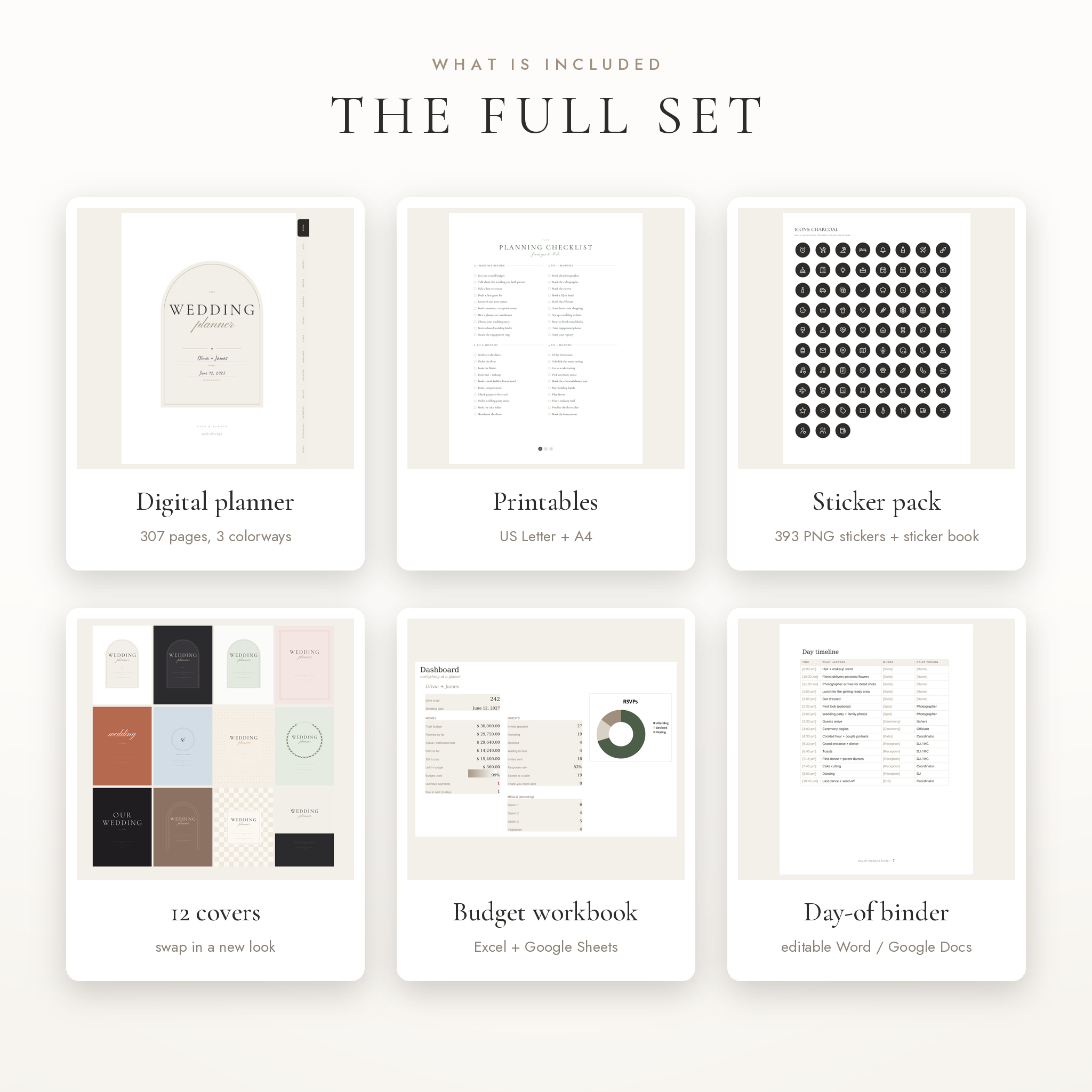 What is included: digital planner, printables, stickers, covers, budget workbook and day-of binder