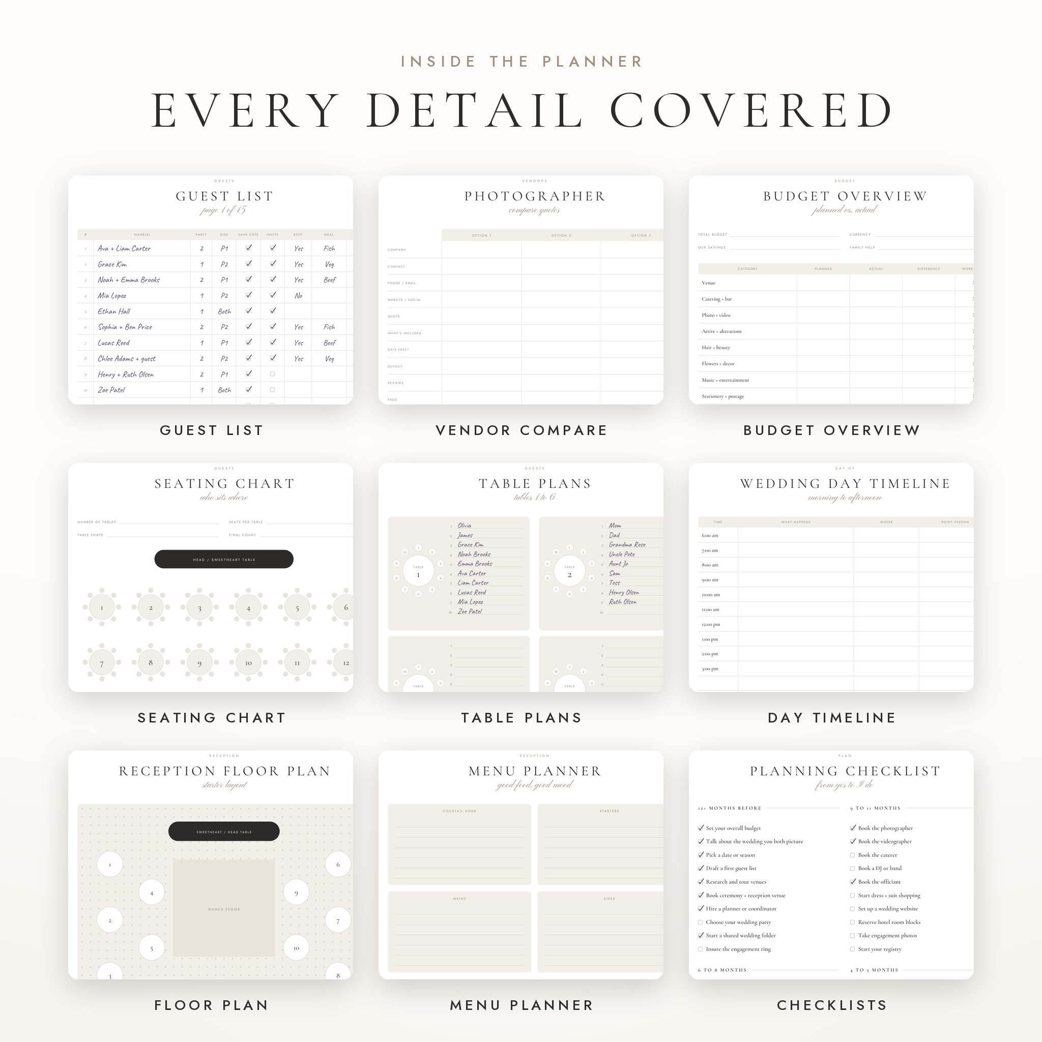 Wedding planner pages: guest list, vendor compare, budget, seating chart, table plans, timeline