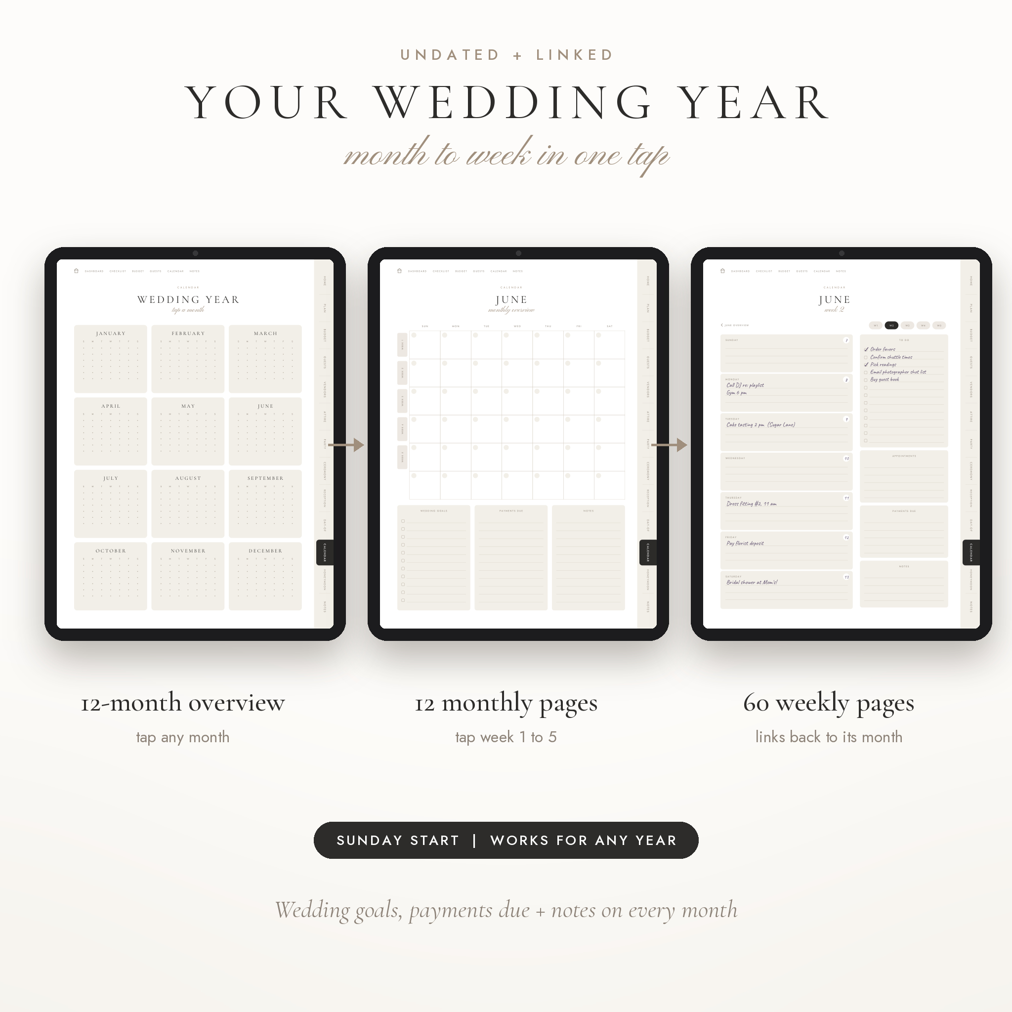 Undated linked wedding calendar with year, month and weekly pages