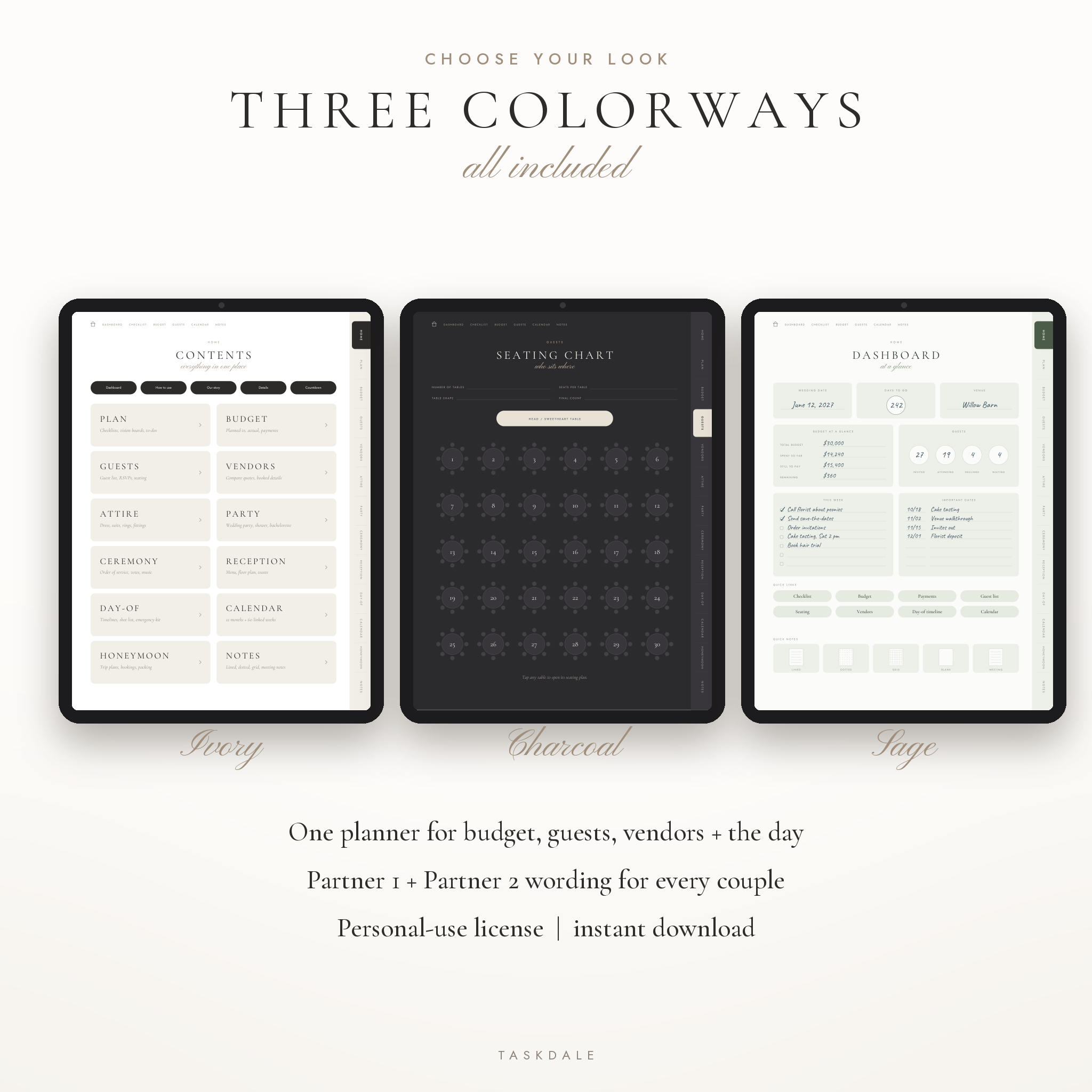 Wedding planner in Ivory, Charcoal and Sage colorways