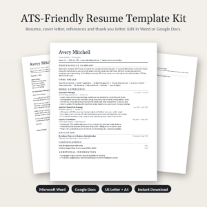ATS resume template kit with resume, cover letter and references in Word and Google Docs