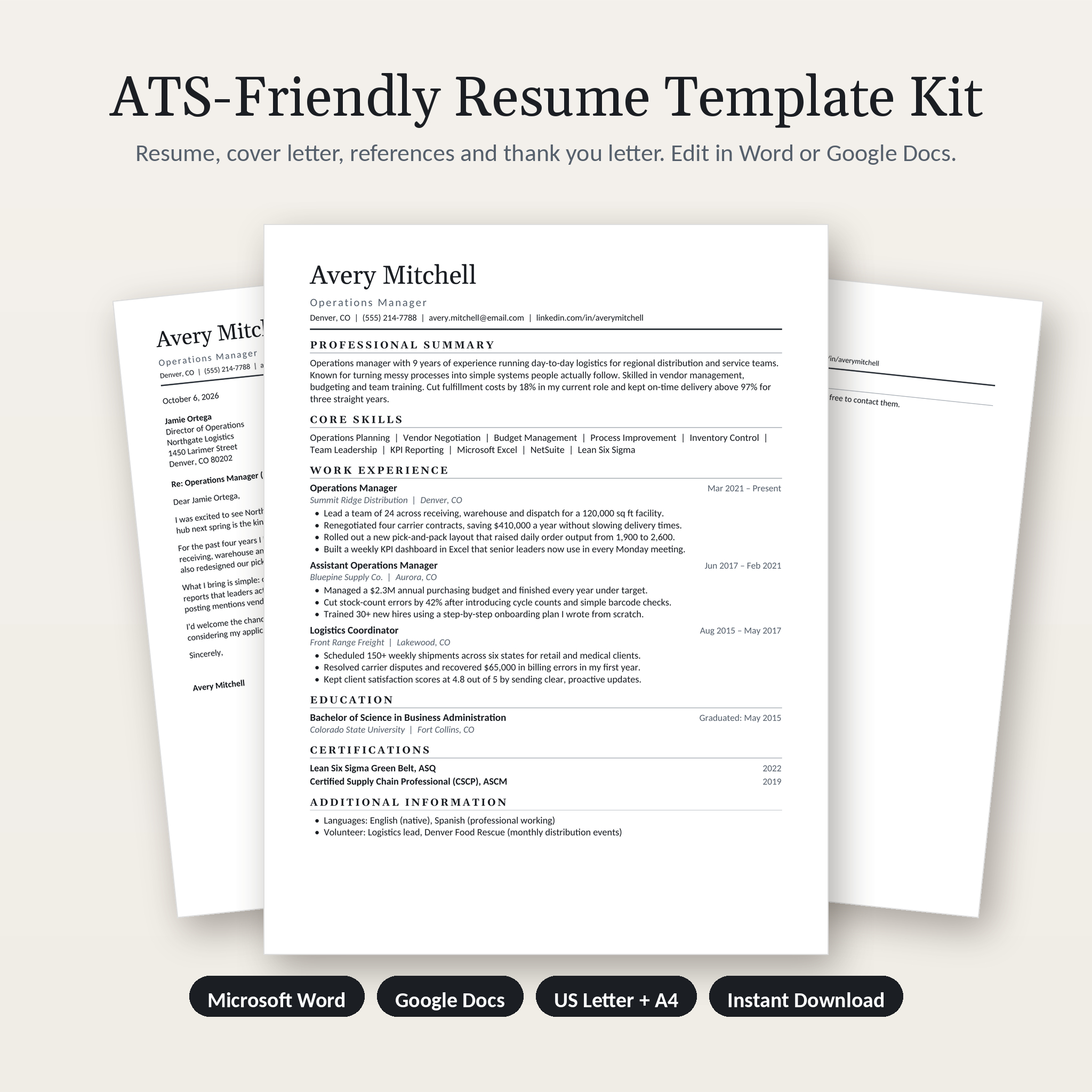 ATS resume template kit with resume, cover letter and references in Word and Google Docs