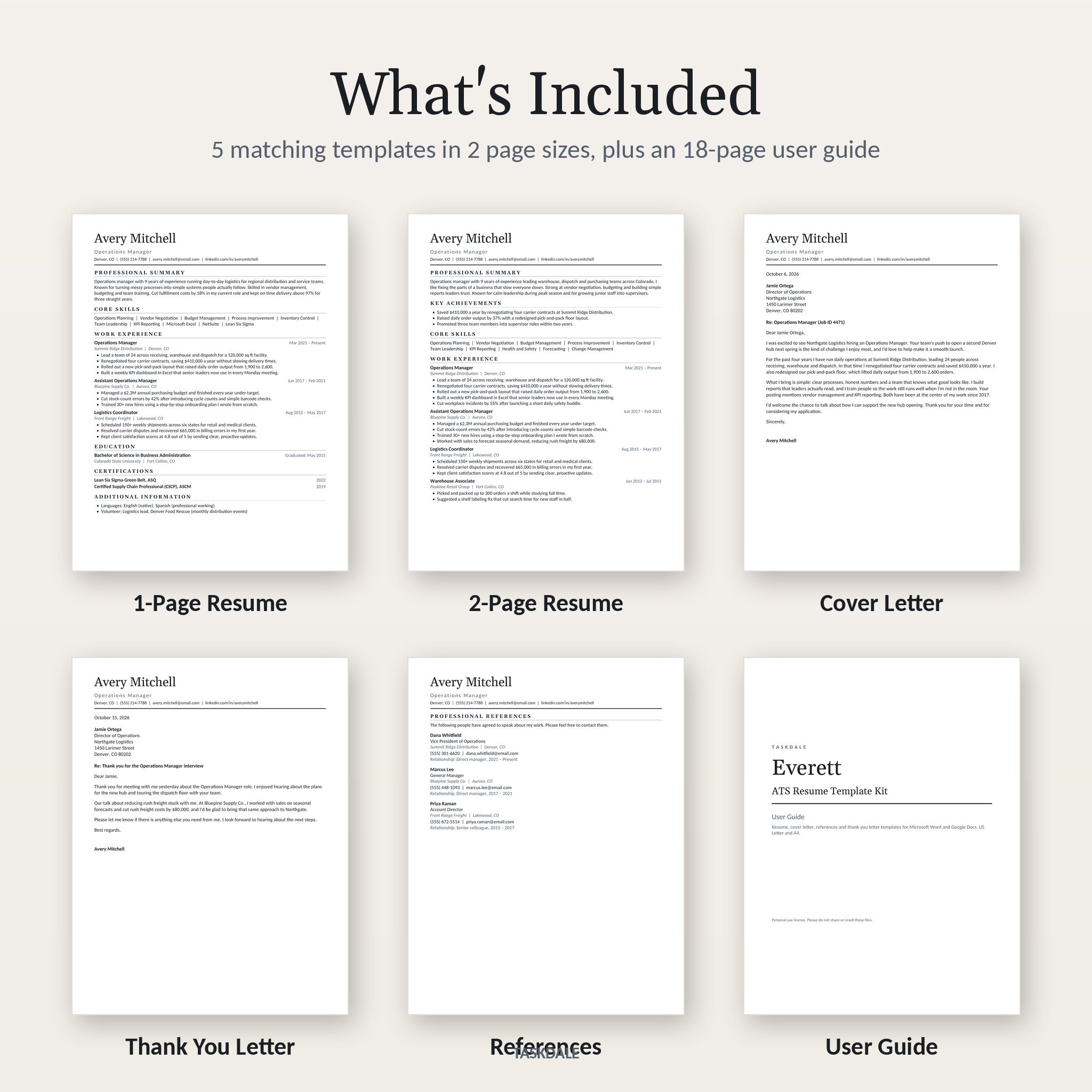 What's included: 1-page and 2-page resume, cover letter, thank you letter, references and user guide
