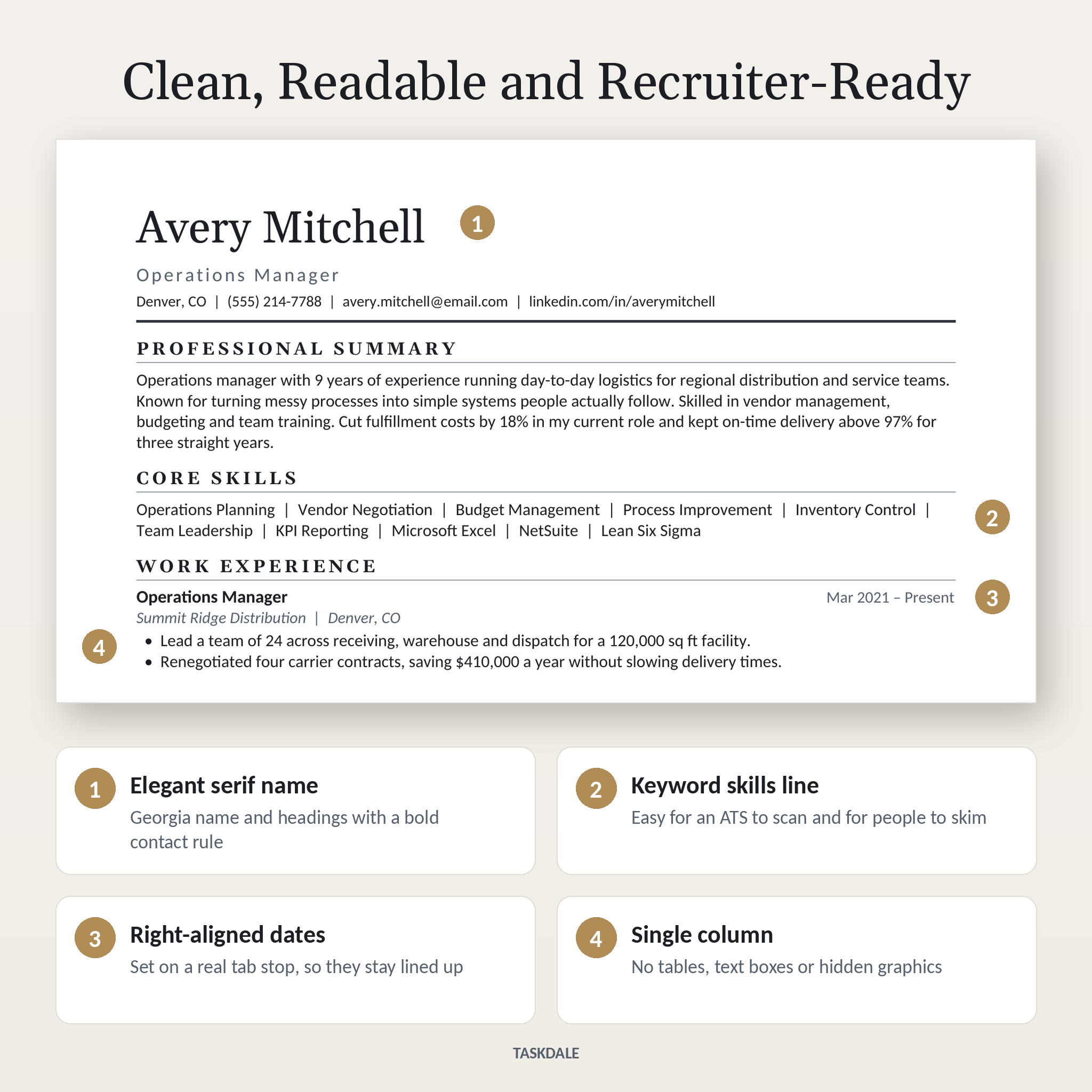 Close-up of the ATS-friendly resume layout with serif name, skills line and right-aligned dates