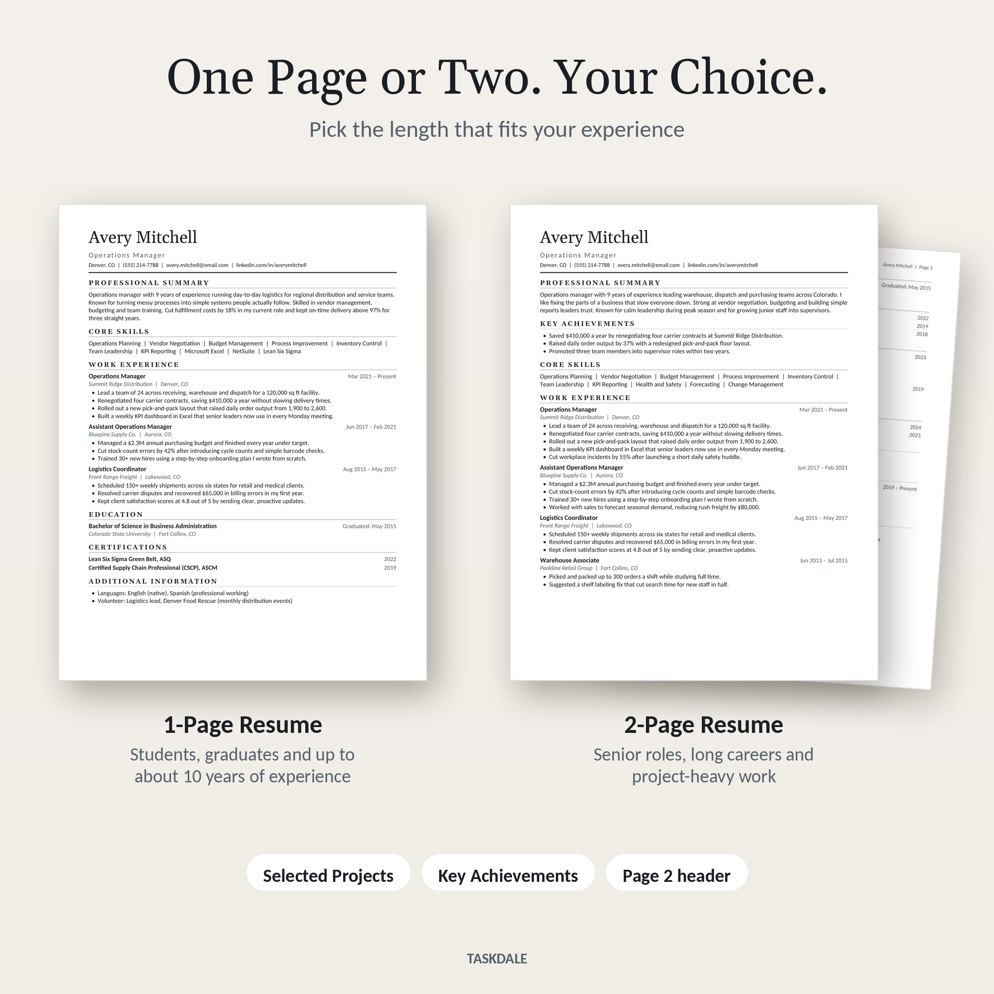 One-page and two-page resume template comparison