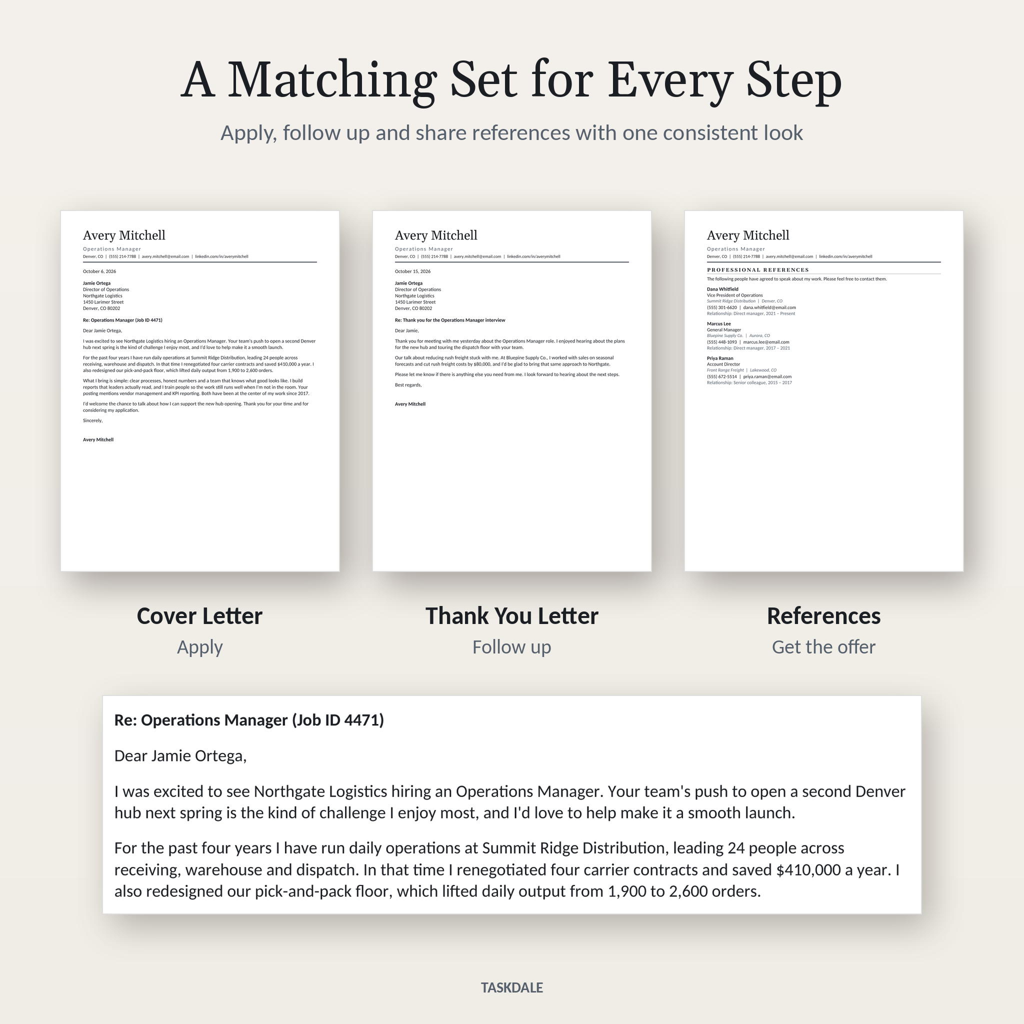 Matching cover letter, thank you letter and references templates